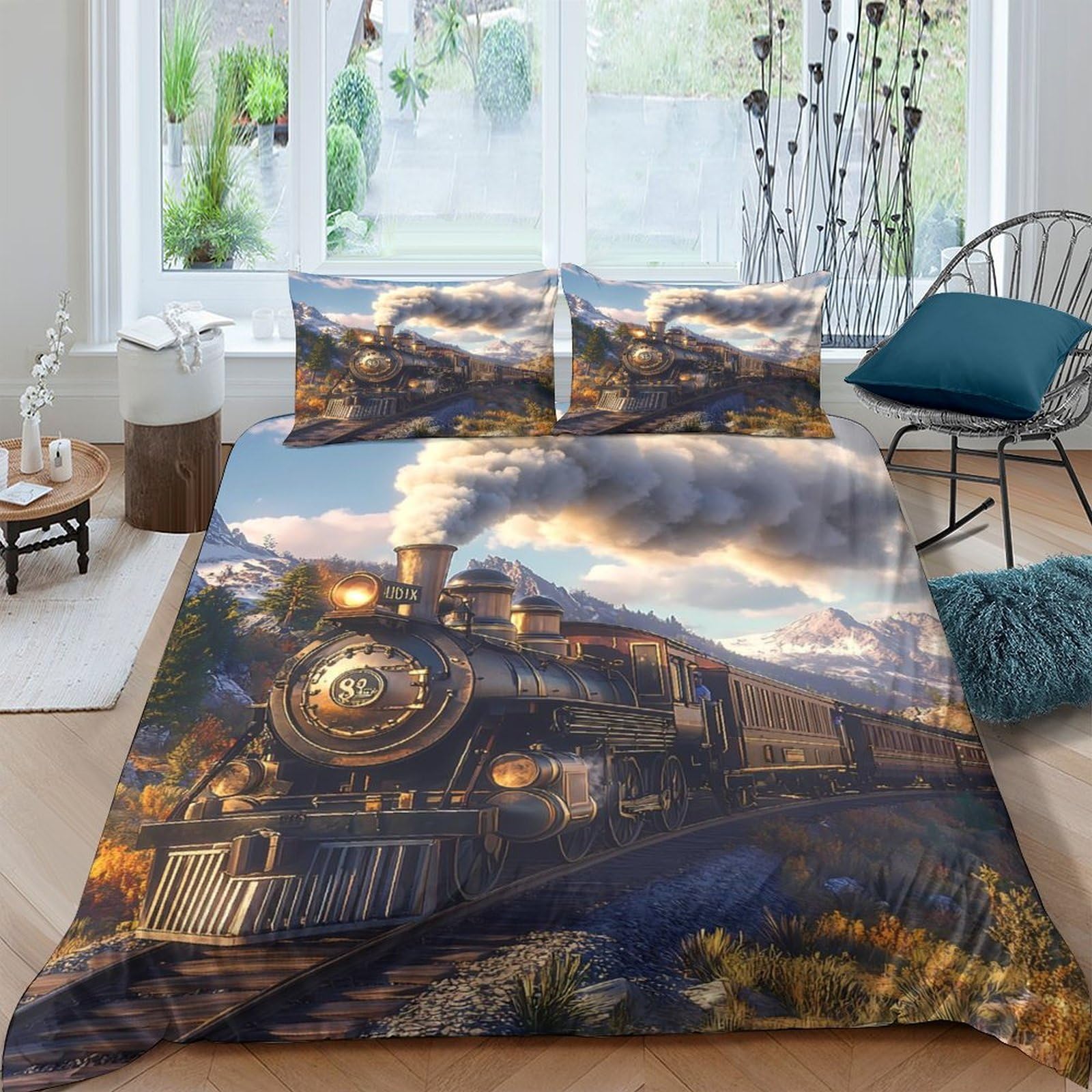 Ctjqhvkz Style-6 3D Printed Steam Train Fitted Sheet Microfiber Soft Bed Cover Vintage Railway Decor For Bedroom Guest Room Single（135X200cm）