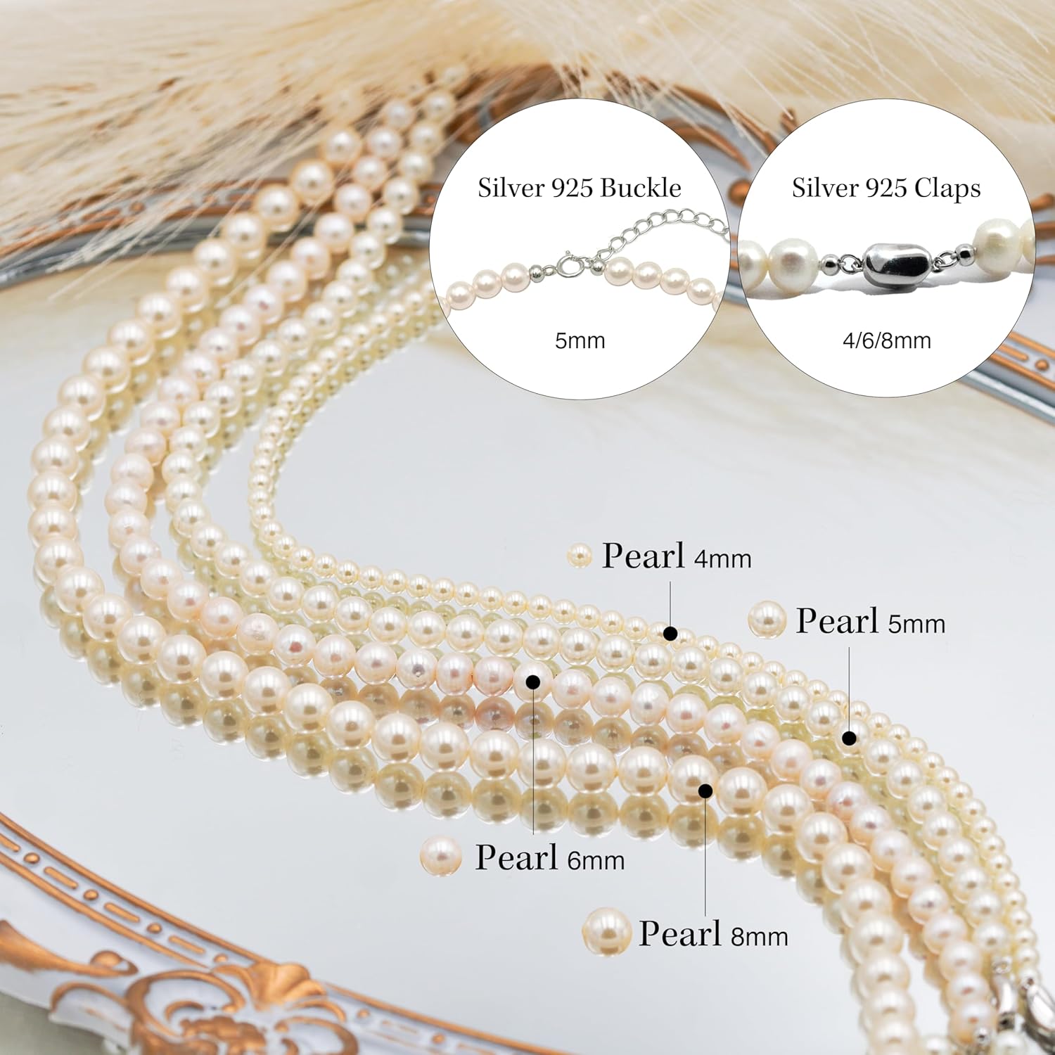 White Swarovski Pearl Necklace for Women 925 Sterling Silver Clasp Ivory Swarovski Pearls Strands 4mm 6mm 8mm Jewelry Gift for Wedding Prom Birthday Bridesmaids Mothers Day - Image 4