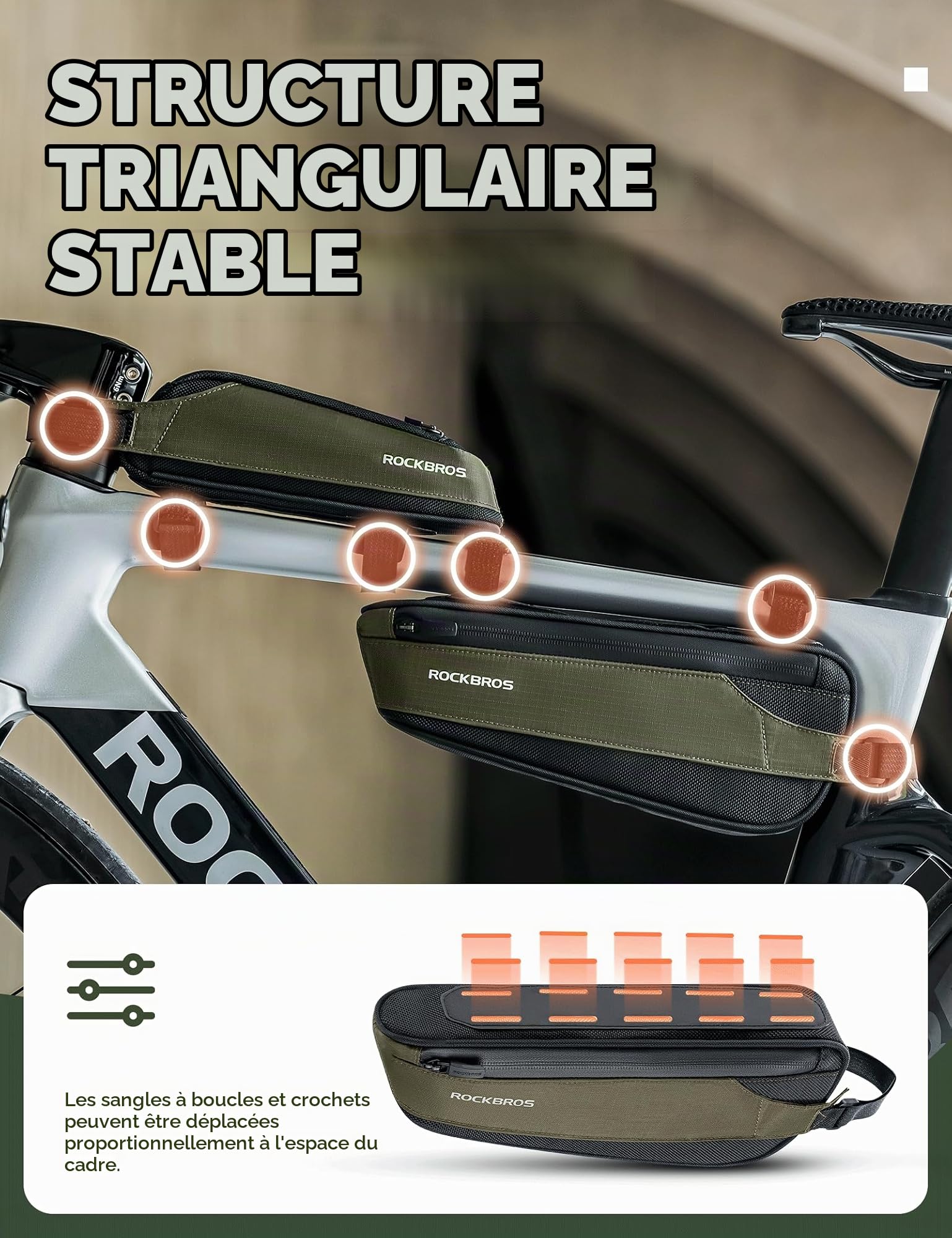 ROCKBROS Sacoche Cadre Vélo 0,65L+1,4L Avant Kit Sac Triangulaire Tube Supérieur Inférieur Amovible Portable Ensemble 2 en 1 Choisir Unité/Combinaison Réfléchissant Vélo Course Gravel VTT Vert Foncé