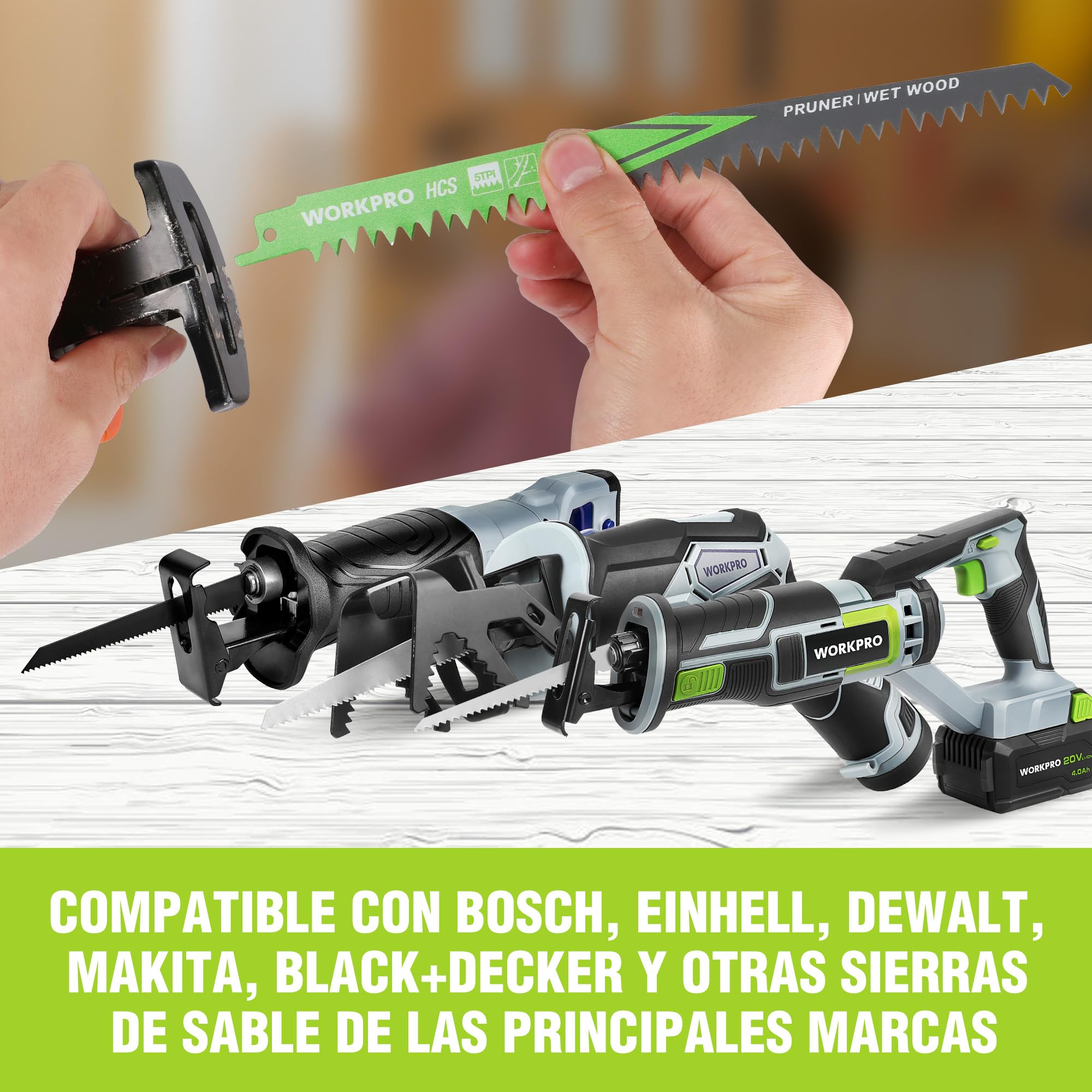 WORKPRO Hojas de Sierra Sable 5 Piezas, Cuchillas para Madera 230 mm, Accesorios de Corte para Poda y Jardín, Compatibles con la Mayoría de Sierras de Sable, con Caja de Plástico