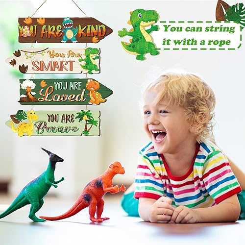 Miniatura 4 de 4 piezas de decoración de dinosaurio de madera para niños, letrero de dinosaurio de madera, decoración de pared, acuarela, dinosaurio, impresiones