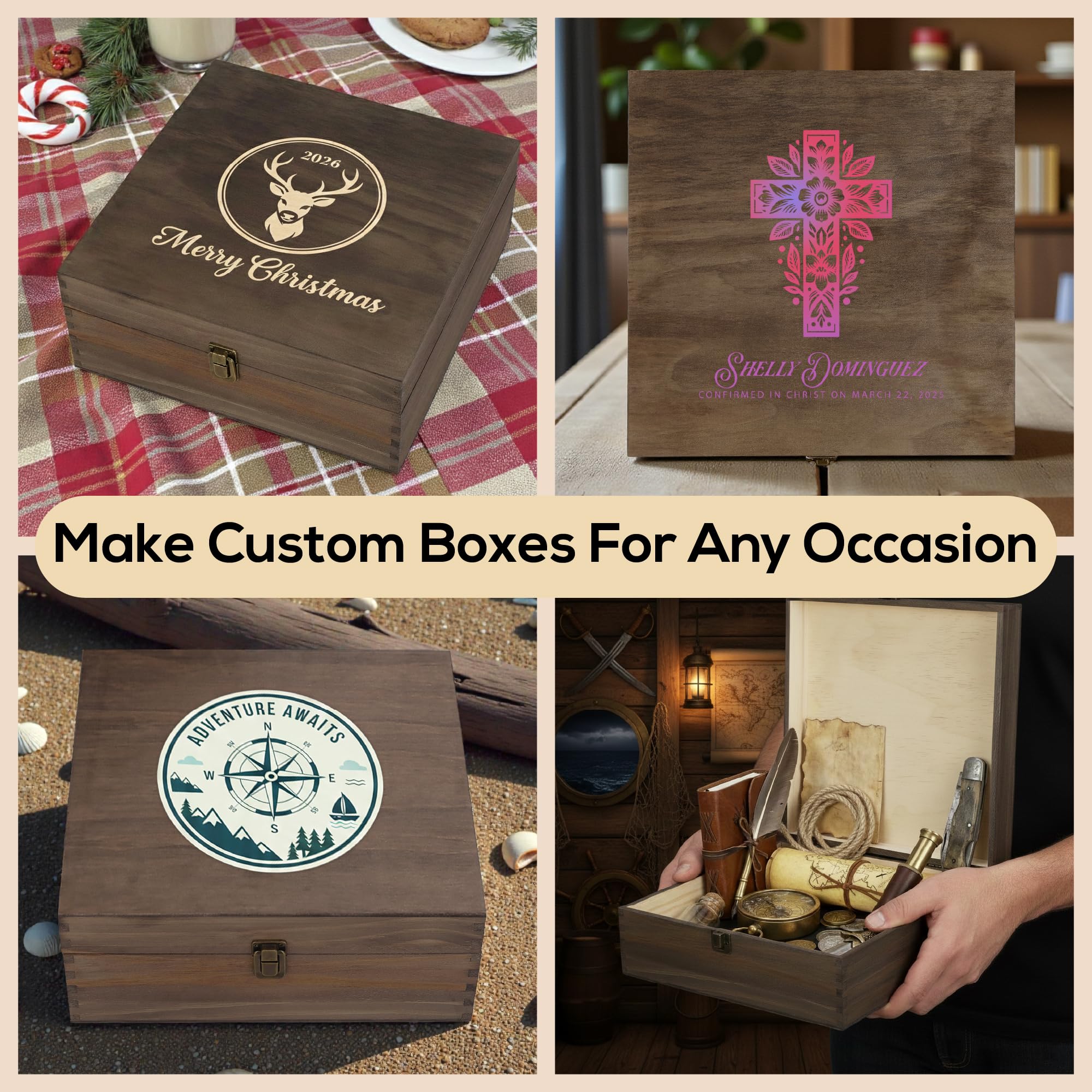 makerflo Caja de recuerdos grande de madera de nogal oscuro (paquete de 1) con bisagras con cierre, fieltro negro en el interior, caja de madera de recuerdo ideal para manualidades y personalización
