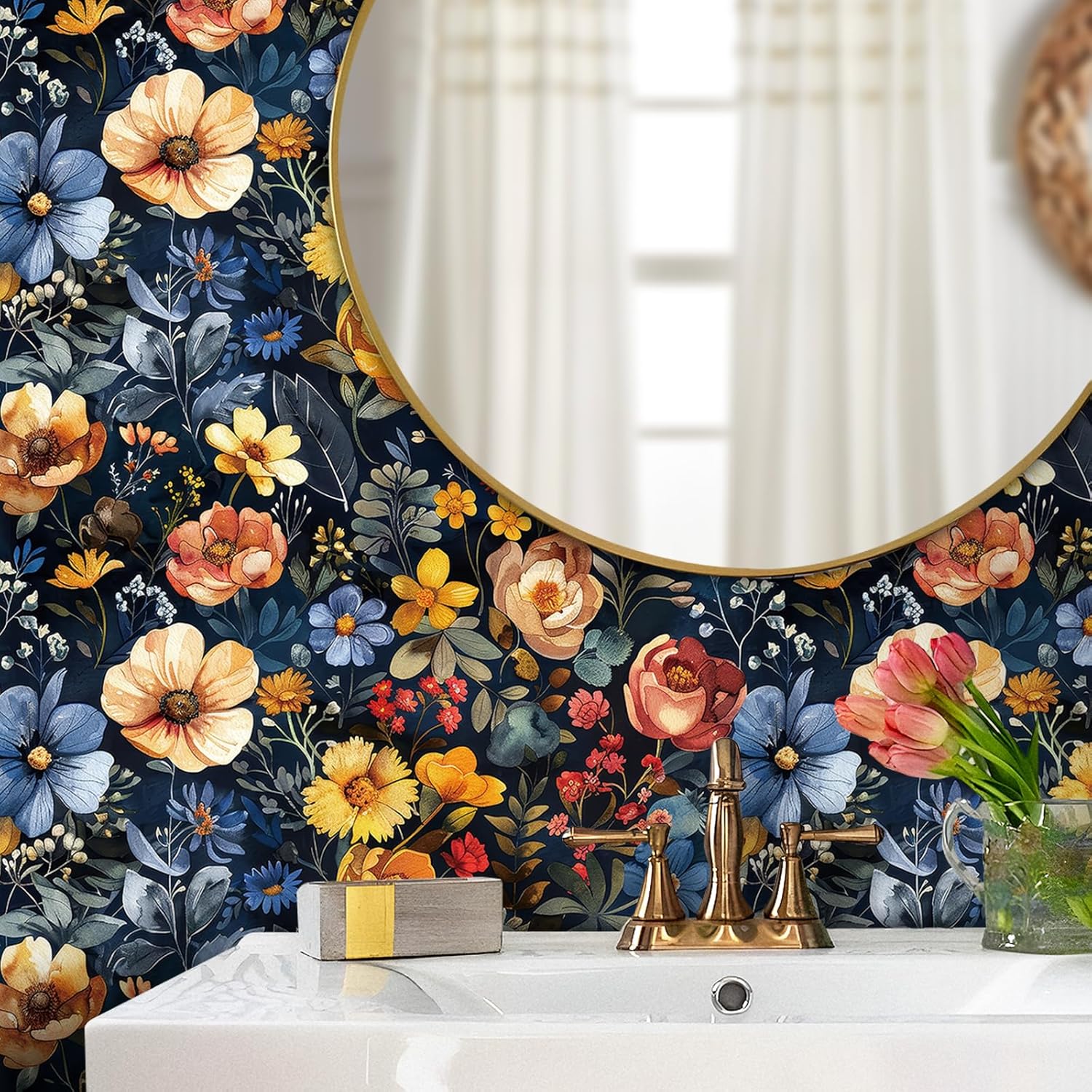 Livelynine 17.5x276" Floral Wallpaper Peel and Stick Boho Flower Bold Colorful Floral Wall Paper Removable Bathroom Retro Dark Blue Floral Contact Paper Decorative Vinyl Self Adhesive Shelf Liner Roll