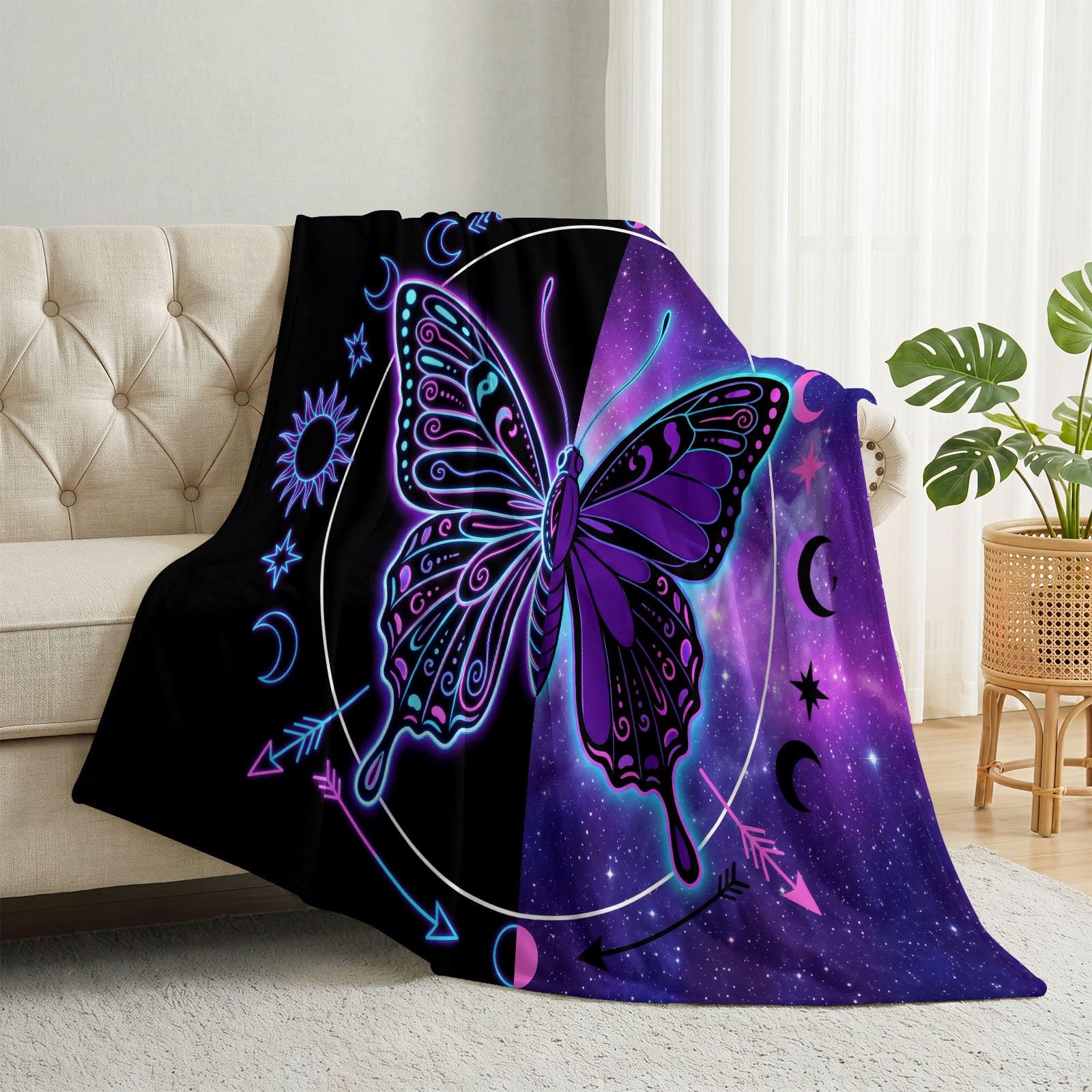 Manta de franela con estampado de fantasía, 150 x 200 cm, manta suave para cama, silla, sofá, sofá, neón, símbolo celestial, animal, mariposa, mullida, manta de felpa para aire acondicionado y siestas
