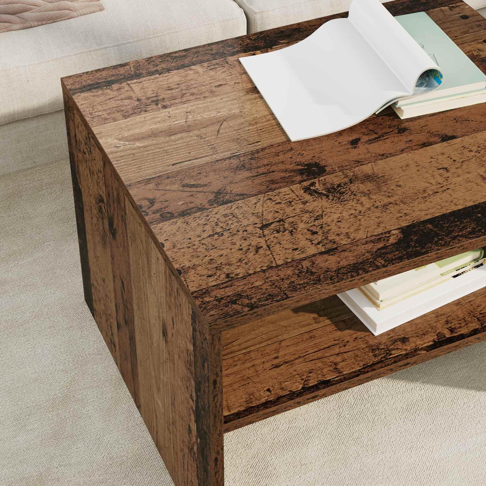 Stolik kawowy ze starego drewna, 60 x 50 x 40 cm, materiał drewnopochodny z miejscem do przechowywania i regałem, do salonu, salonu, biura, wykonany z wytrzymałego materiału drewnopochodnego