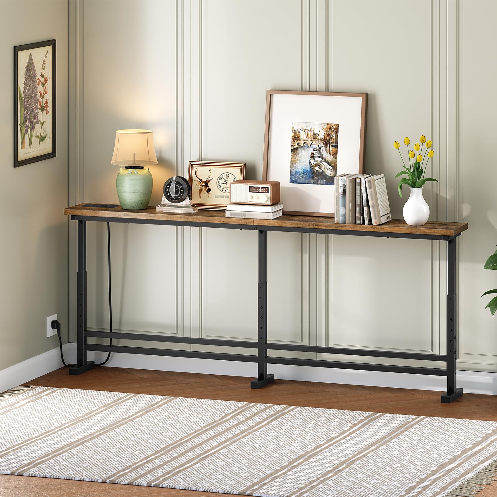 YATINEY Table Console Longue de 180cm, avec Multiprise, Bout de Canapé Fin, Table de Canapé Étroite et Longue, avec 1 Prise CA, 1 Port USB, 1 Port USB-C, pour Salon, Marron Rustique et Noir, XCT08CBR