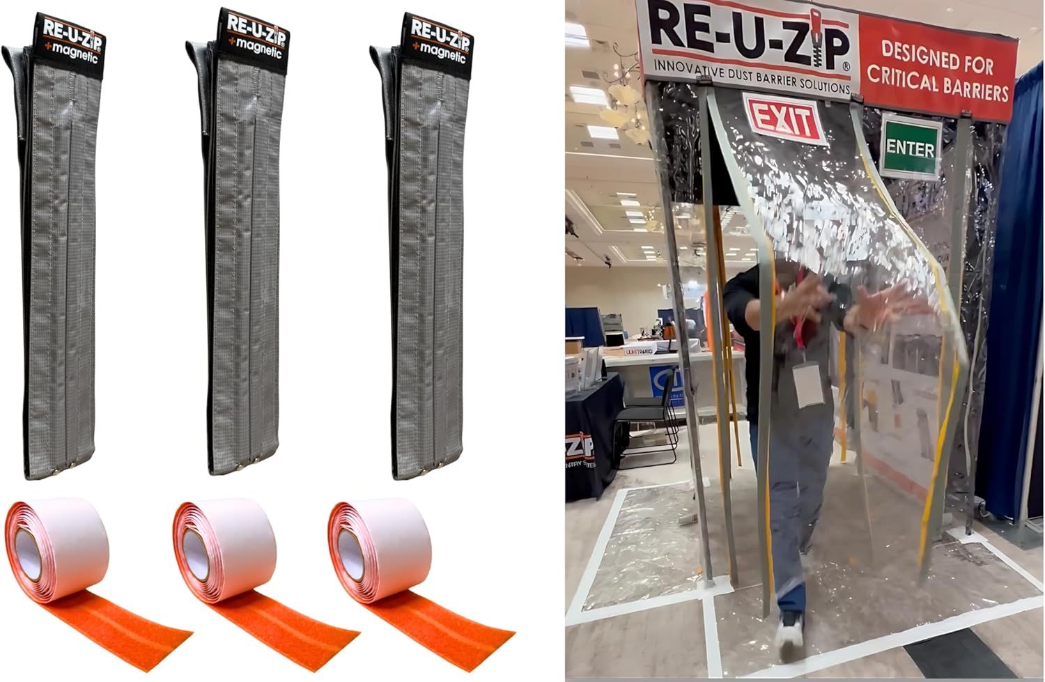 RE-U-ZIP Self-Closing Magnetic Dust Barrier Entry Strip, Hands-Free Zipper Alternative for Plastic Sheeting, Reusable, Custom Placement & Works Under Negative Air, 3-Pack