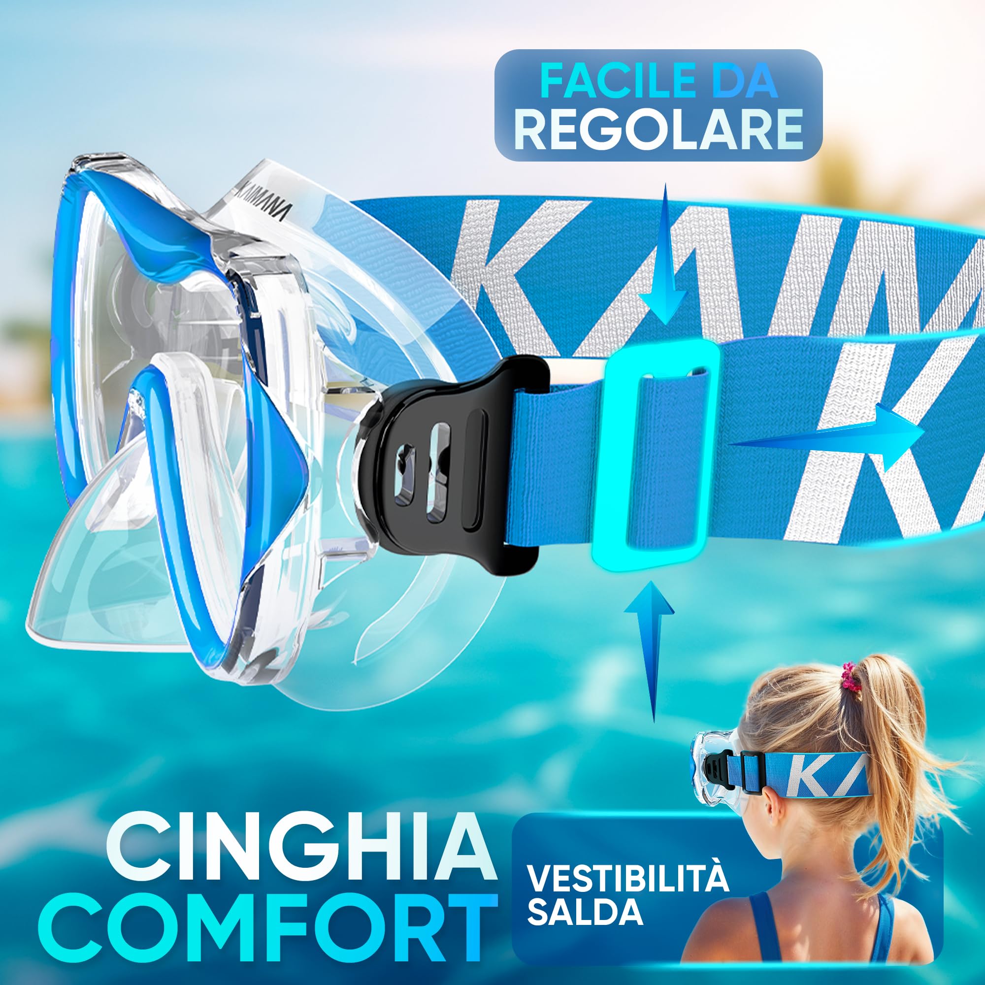KAIMANA® SeaExplorer Set Maschera Boccaglio Bambini & Borsa – Kit Snorkeling Bambini 3-10 Anni – Maschera con Boccaglio Bambino, Cinturino Tessuto o Silicone – Mare e Piscina