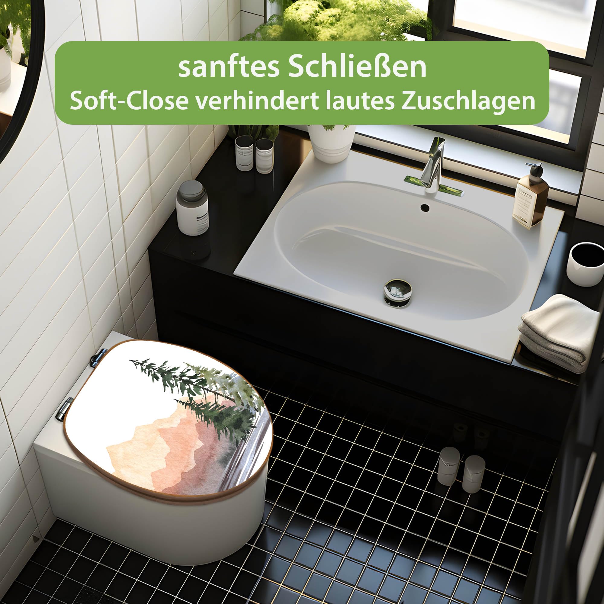banjado Design WC Sitz Bambus Absenkautomatik 45,8x37,5cm - Toilettendeckel mit Absenkautomatik Holz - hochwertiger Bambus Klodeckel - WC-Sitz für gängigen Toiletten - Motiv Bergpanorama