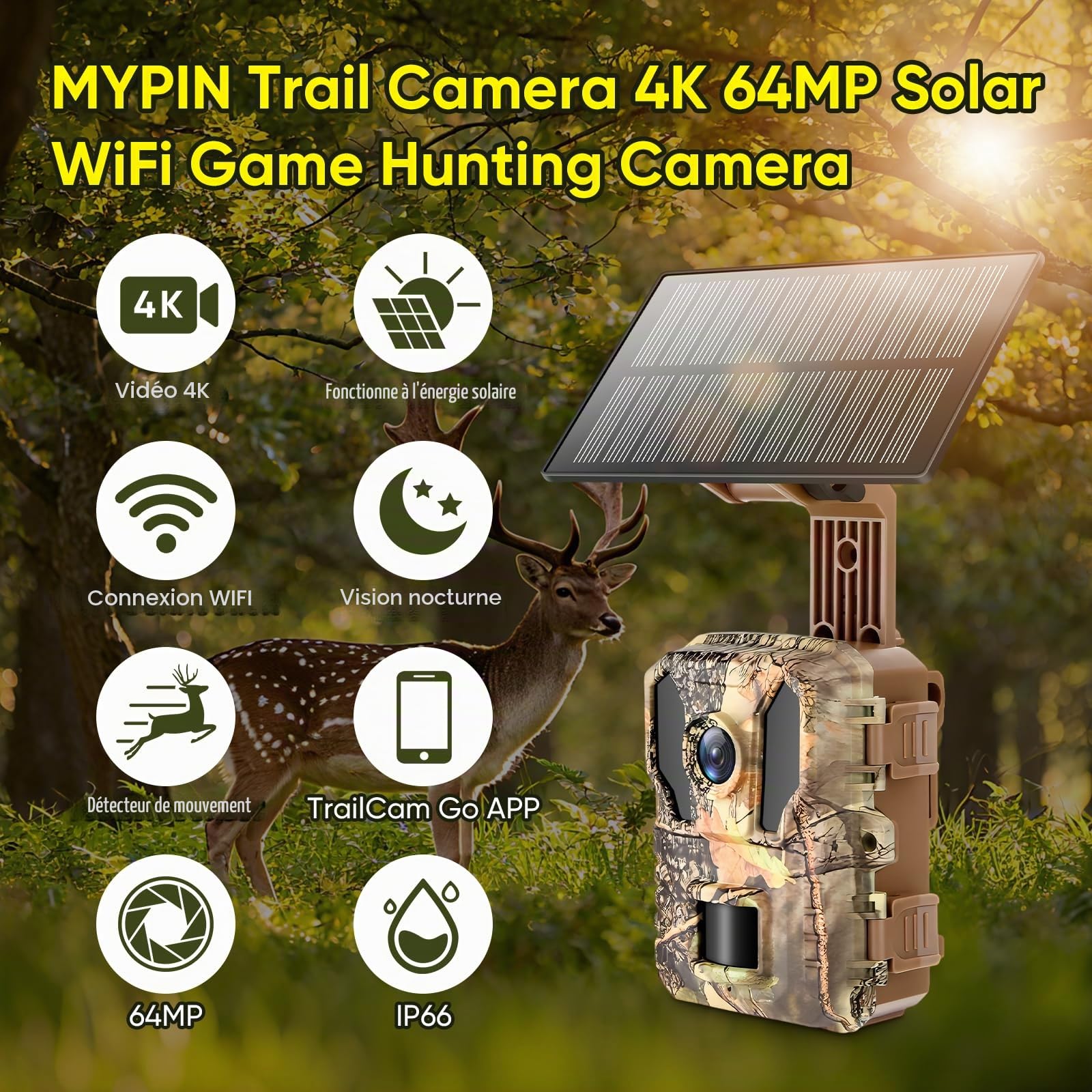 MYPIN Caméra de Chasse 4K 64MP avec WiFi, Énergie Solaire et Vision Nocturne | Batterie Integrée 5000mAh, Étanche IP66, Détection de Mouvement | Carte Mémoire 64GB Incluse