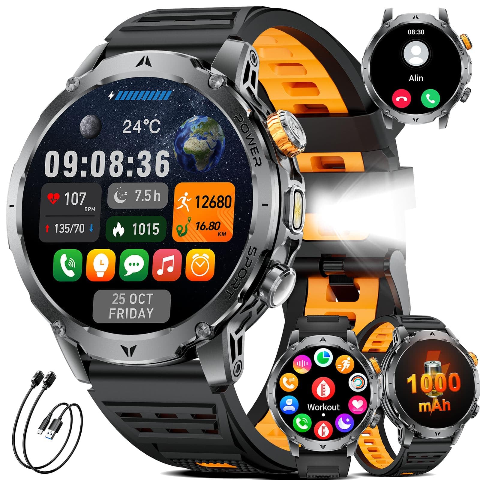 Smartwatch da uomo con batteria da 1000 mAh, con grande display HD da 1,7", con torcia, chiamate Bluetooth, oltre 120 modalità sportive, impermeabile IP68, orologio fitness con monitoraggio della
