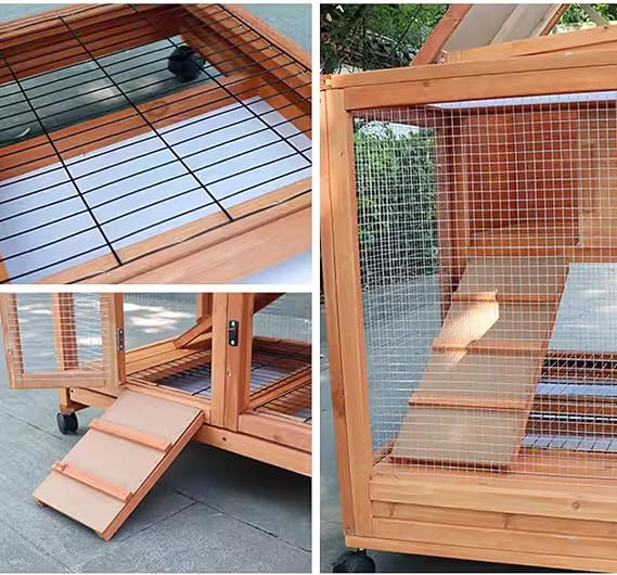 Rabbit Cage, Double Decker Outdoor Wooden Rabbit Hutch with 4 Wheels and Leak-Proof Tray, Pet Cage for Small and Medium Animals