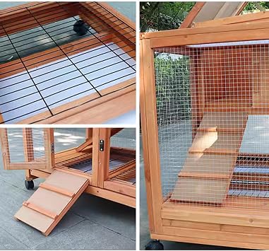 Rabbit Cage, Double Decker Outdoor Wooden Rabbit Hutch with 4 Wheels and Leak-Proof Tray, Pet Cage for Small and Medium Animals