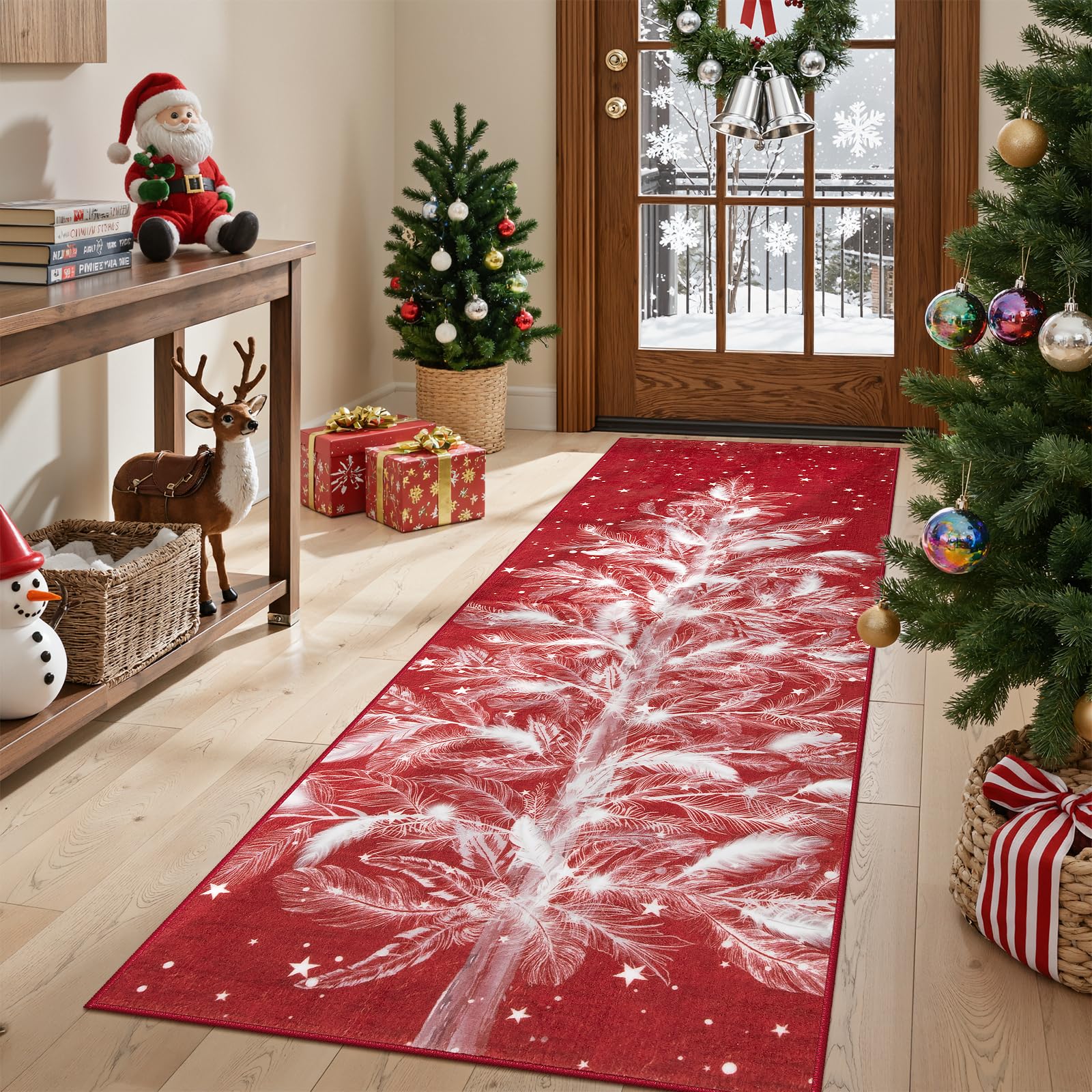 Lahome Christmas Runner Rug 2x6 Non-Slip Hallway Runner Rug Indoor, Washable Christmas Rugs Stain Resistant Red Kitchen Rug Runner, Christmas Tree Print Holiday Decor Untra-Thin Runner for B