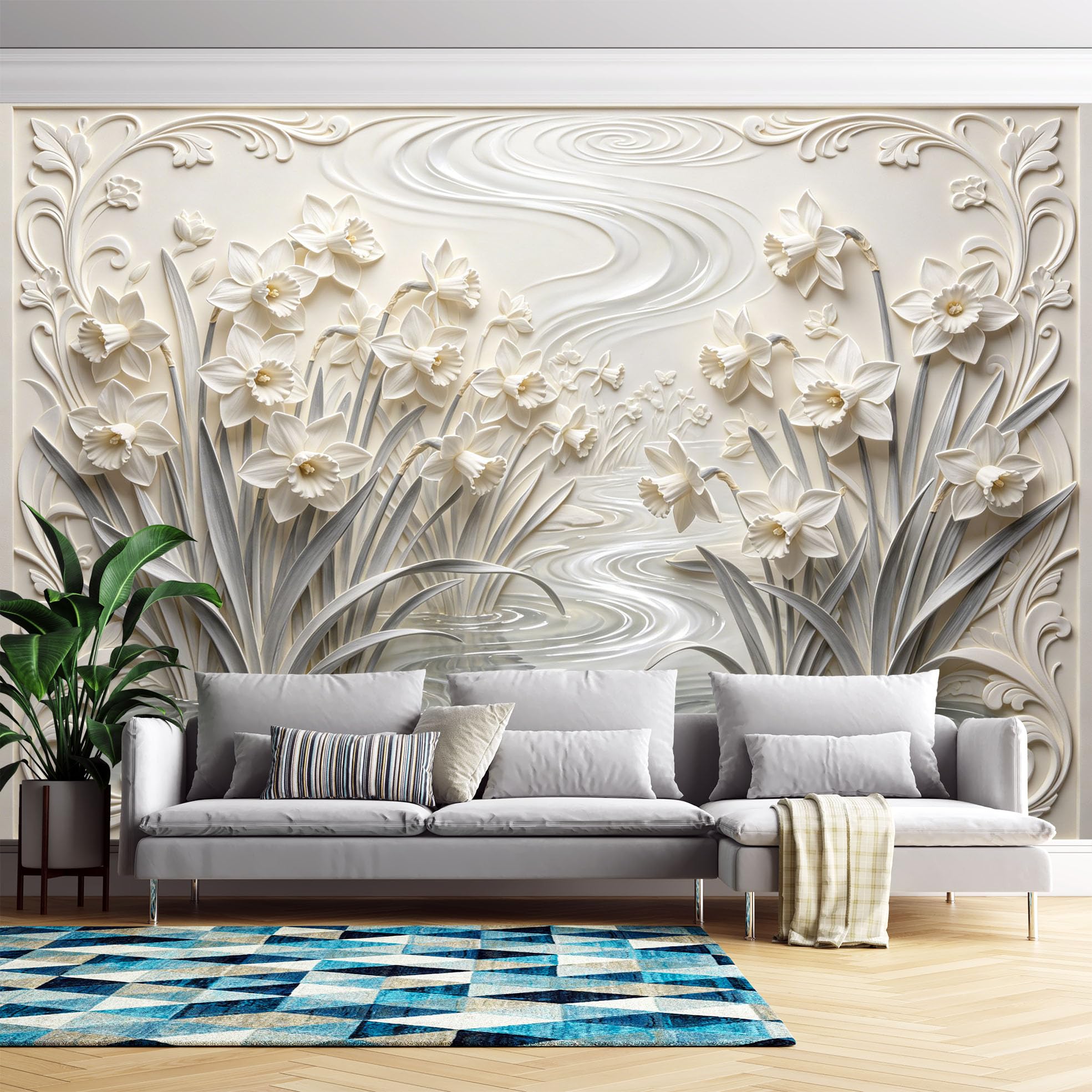 Papier Peint Floral Effet 3D Intissé Amovible Salon Chambre