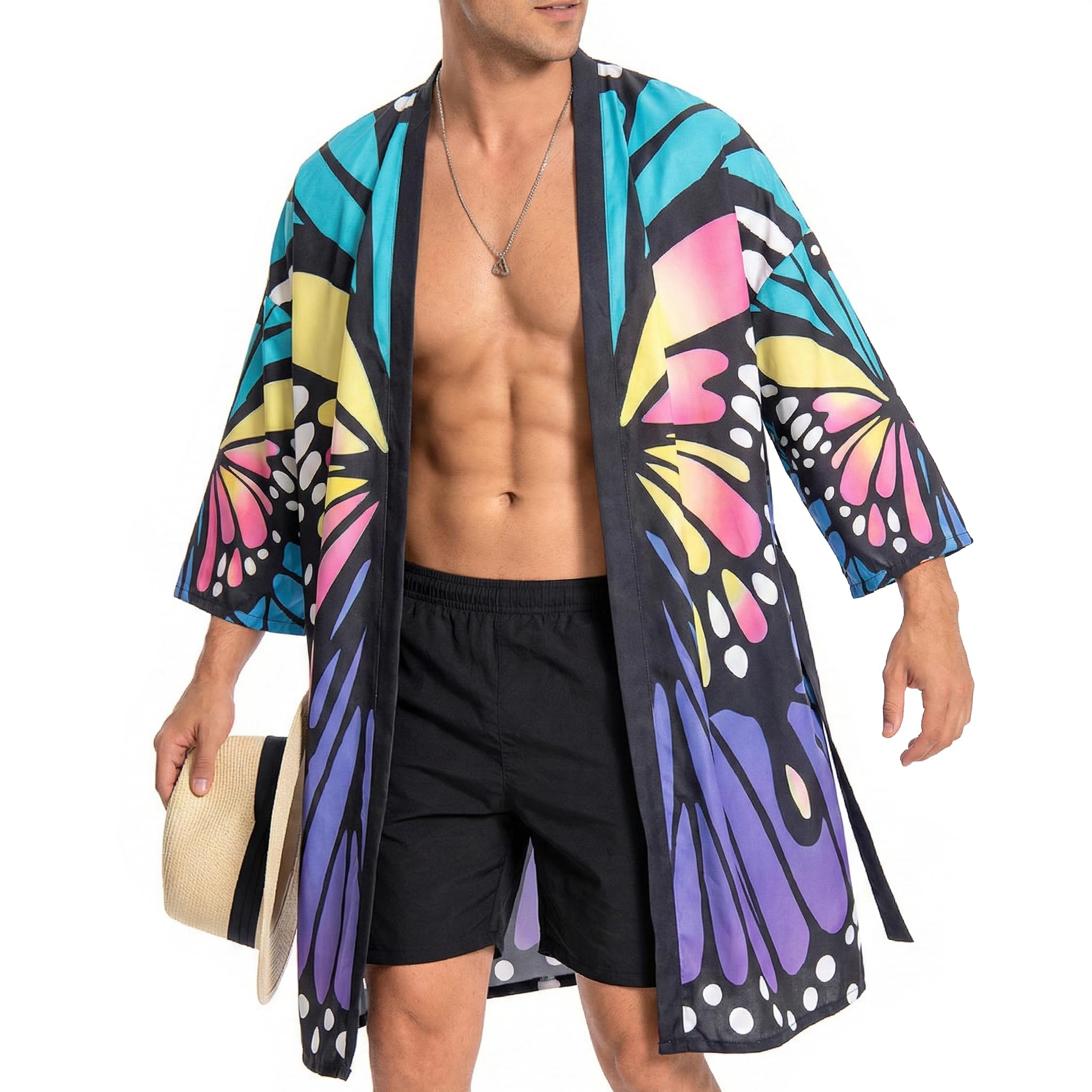 OLAOLA Men Lightweight Kimono Robe with Belt Japanese Style Robe Jacket Casual Open Front Long Cardigan Cape Coat Outwear