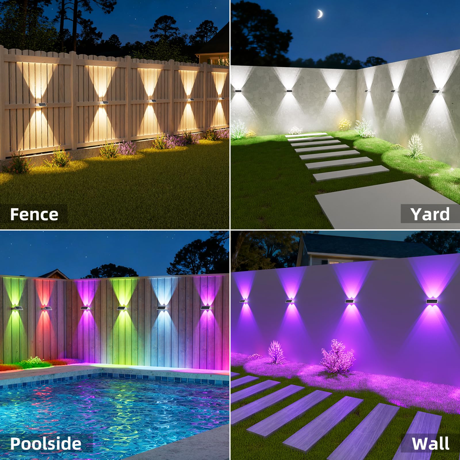 NIORSUN Lampada Solare da Esterno, 8 Pezzi, Leggero Su e Giù, Impermeabili IP65, 3000K/4000K/6500K + RGB, Applique da Esterno Solare per Parete, Terrazza, Giardino, Garage, Recinzione（Bianco）