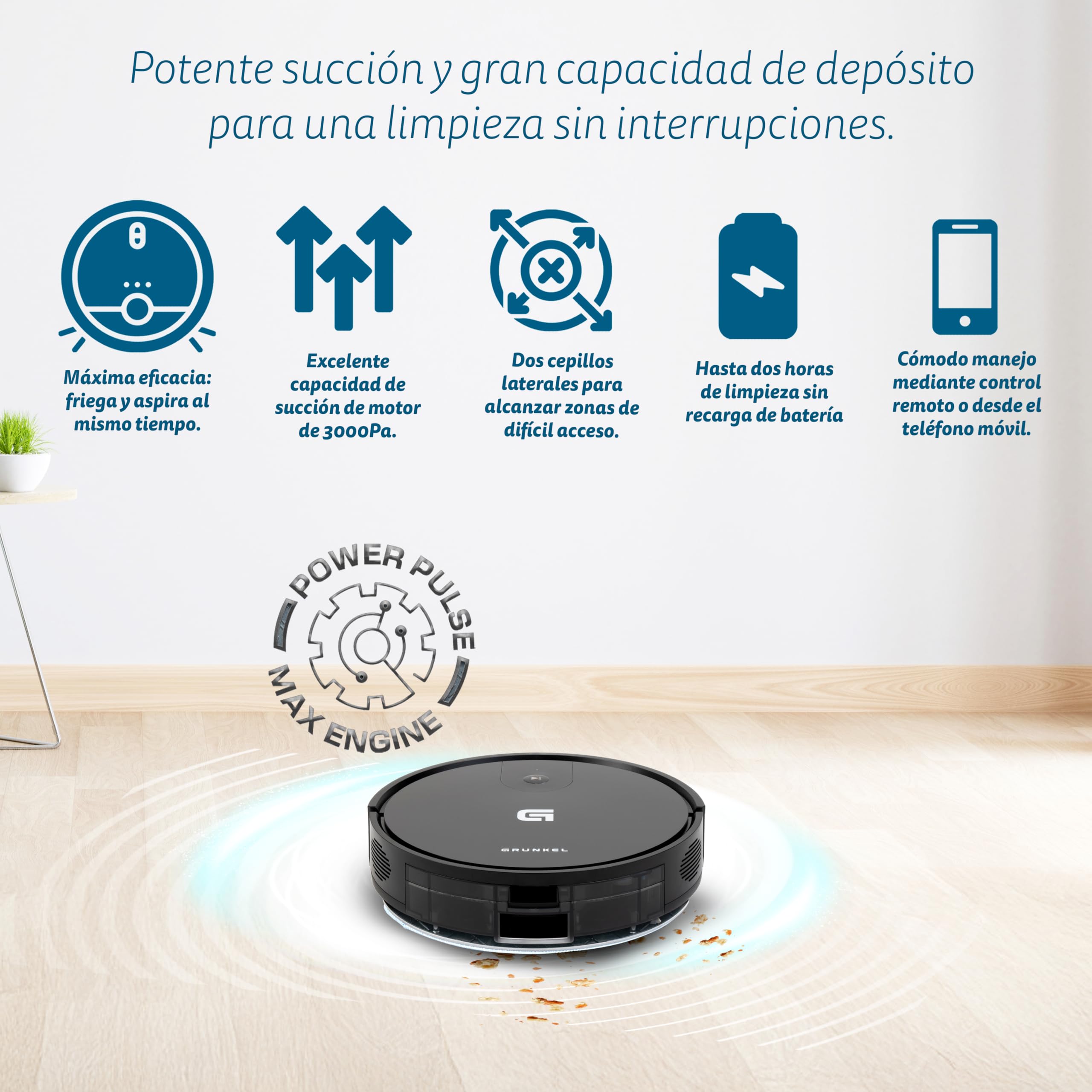 Grunkel Robot Aspirador y mopa friegasuelos I-DANCEREASY con tecnología Brushless Potencia de succión de 21Kpa y Motor de 30Kpa y 35W con autonomia 120min.