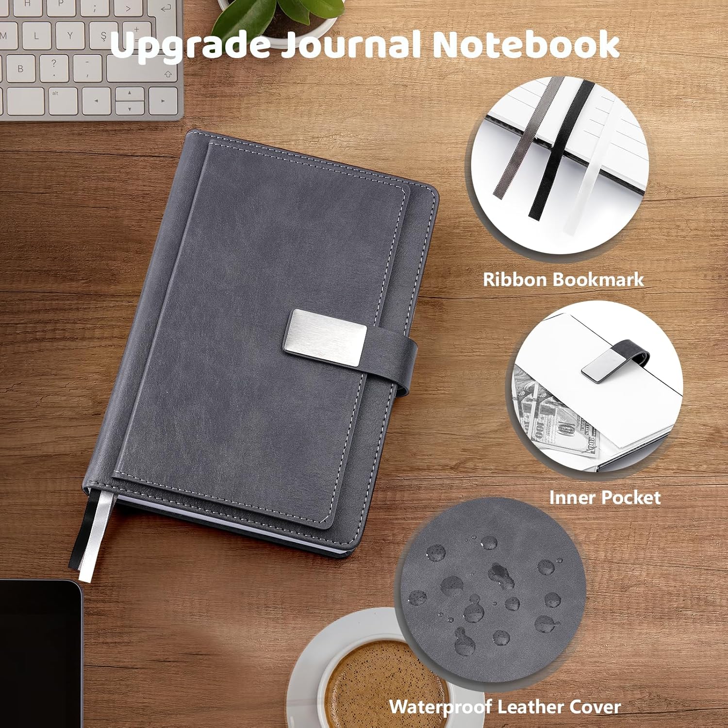 Executive Lined Journal Notebook, 256 Pages, College Ruled, A5 Hard Cover Leather, Pen included, with Notes Pocket; Journaling Notebooks for Work, Notes Taking, Personalized Gifts, Gray