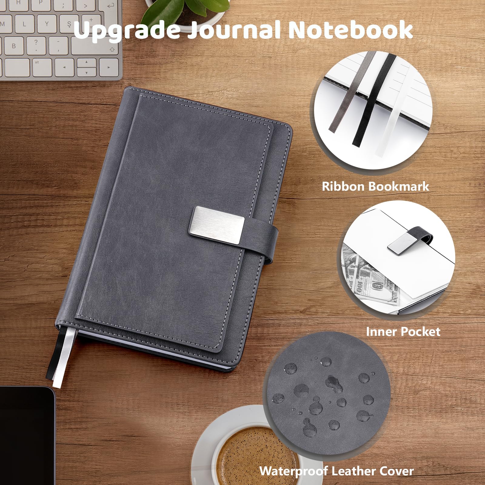 Diario a righe, 256 pagine, formato A5, copertina rigida in pelle, penna inclusa, con tasca per appunti; quaderno per lavoro, appunti, regali personalizzati, grigio