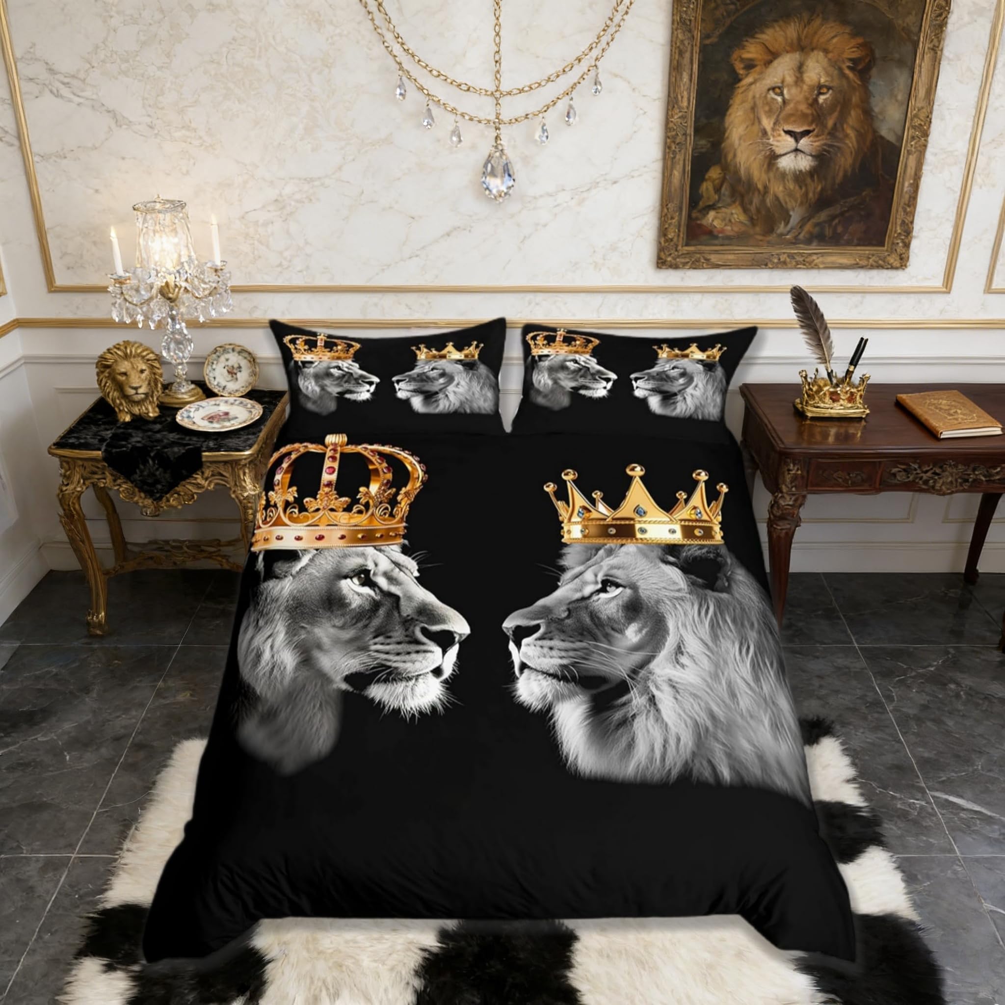 Wild Lion Animal Duvet Cover Queen Size,Golden Crown Print King and Queen Theme Bedding Set for Xmas Bedroom, Tropical African Style Microfiber Comforter Cover with 2 Pillowcases (No Comforter)