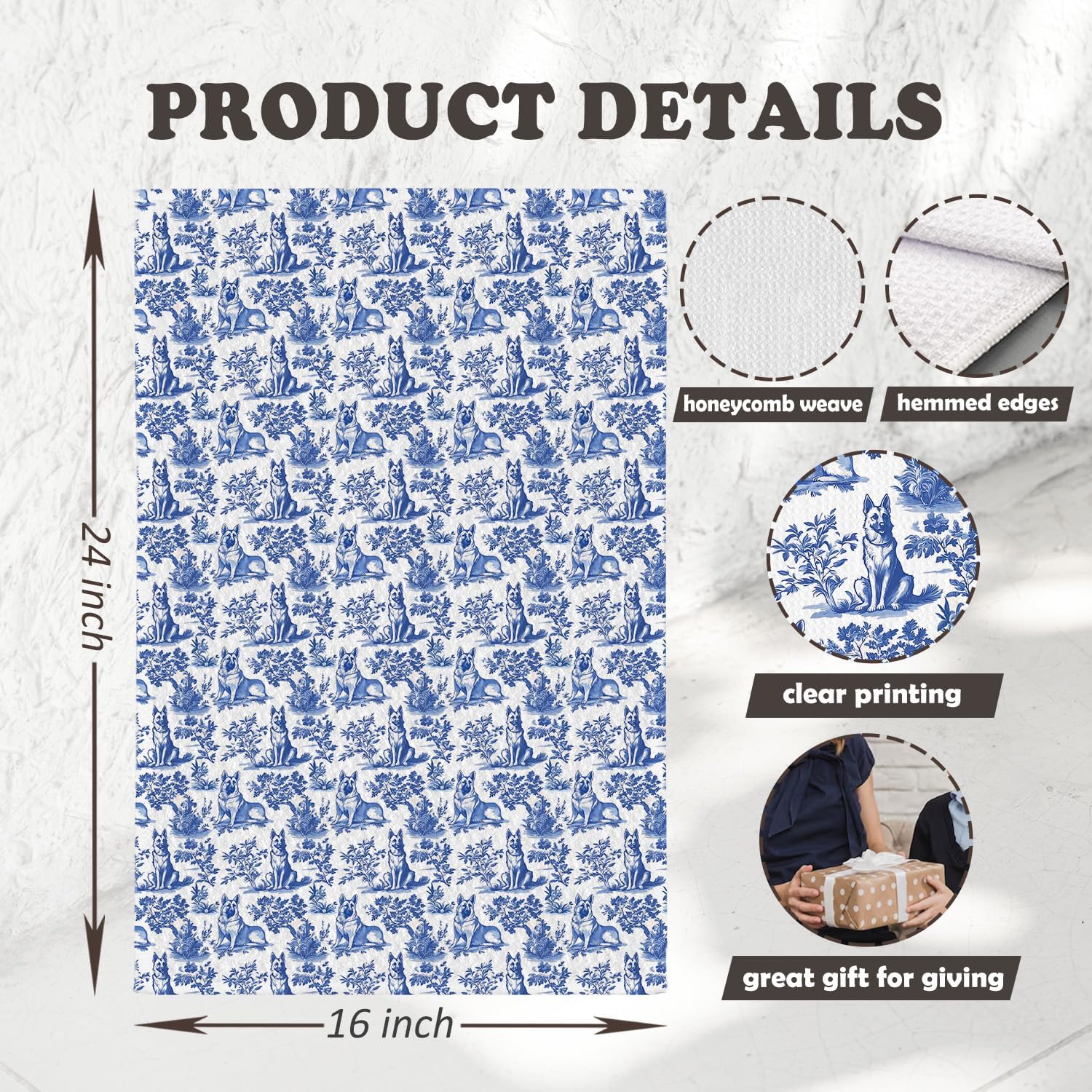 Chicimln Chinoiserie German Shepherd Kitchen Towels, German Shepherd Gifts Decorative Hand Towels for Bathroom, Blue and White Dog Dish Tea Towel Drying Cloth for Kitchen Decor, 16x24 Inch - Image 2