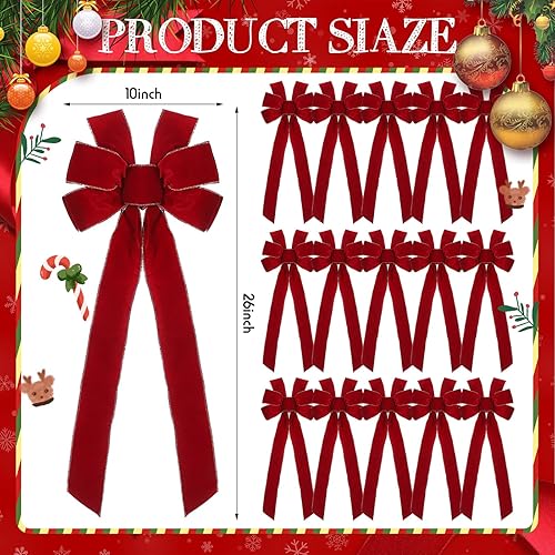 Miniatura 3 de Yinkin 36 lazos para decoración de árbol de Navidad extra grandes de 10 x 26 pulgadas, cinta de terciopelo rojo a granel con alambre dorado, lazos