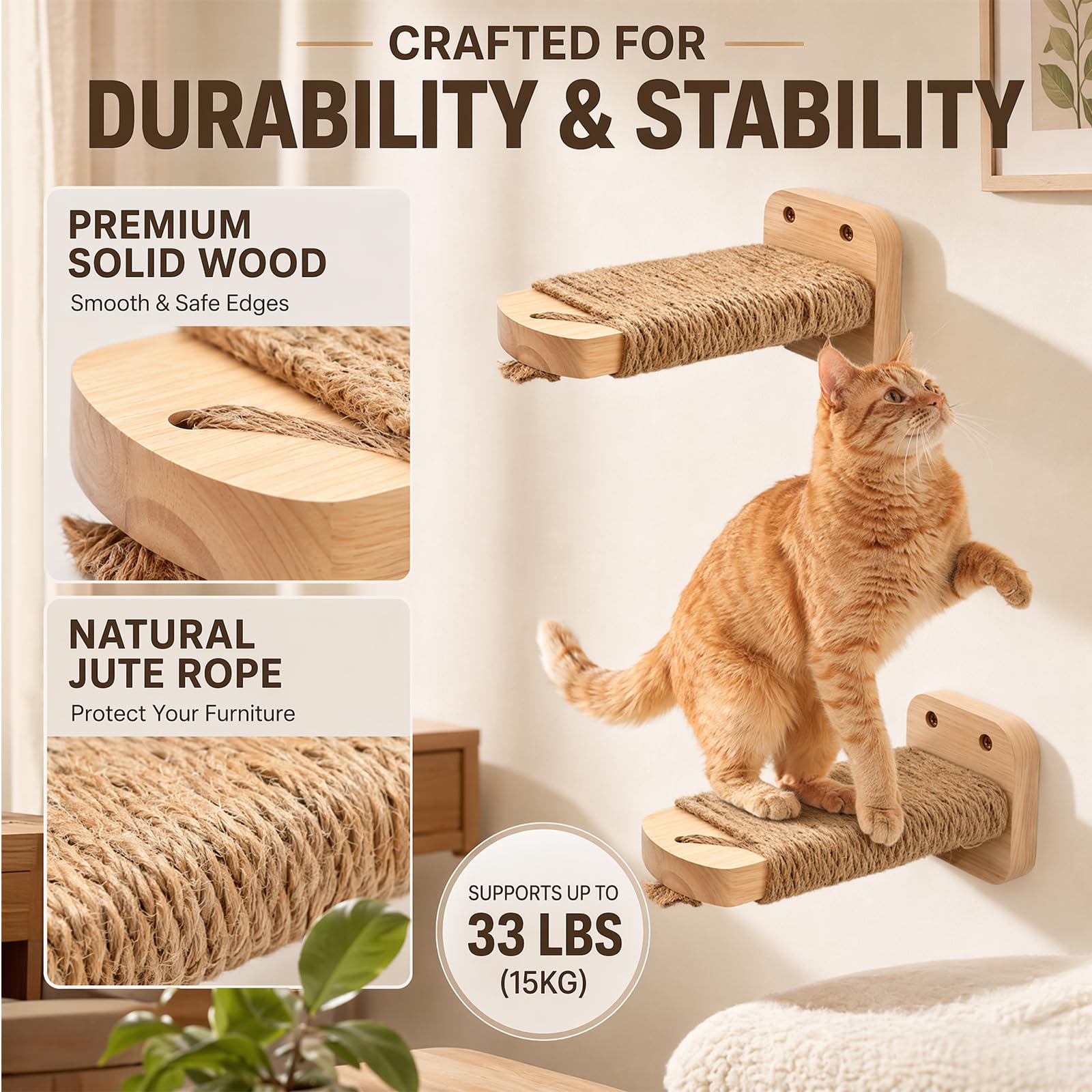 Lot de 2 escaliers muraux pour chat, mur d'escalade, planches pour chat avec corde de jute à gratter, plateforme pour chat en bois d'hévéa massif, pour escalade, jeu, capacité de charge maximale de 35