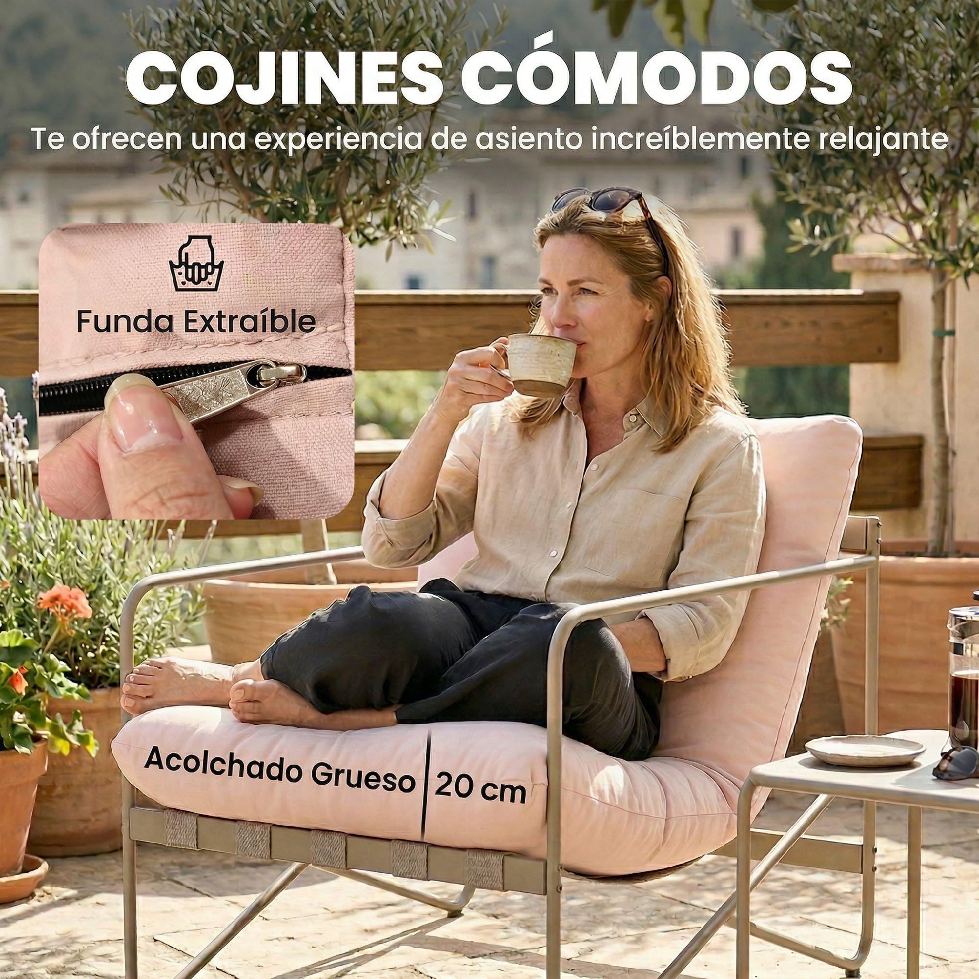 Outsunny Conjunto de Jardín Exterior de 4 Piezas con Sofá de 2 Plazas Rosa | Muebles Jardín Exterior, 2 Sillones, Mesa de Vidrio Templado, Cojines Gruesos, para Terraza