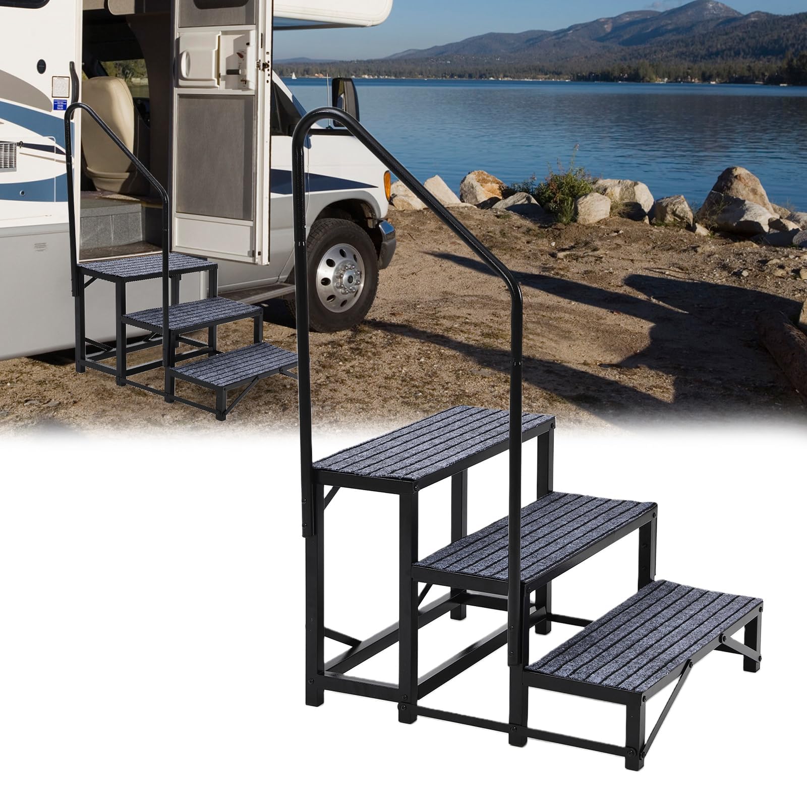 Garvee Escalera Portátil De 2 Escalones para Caravana con Pasamanos y Alfombrillas Antideslizantes, Ideal para Caravanas, Jacuzzis, Porches, Piscinas y Mascotas.
