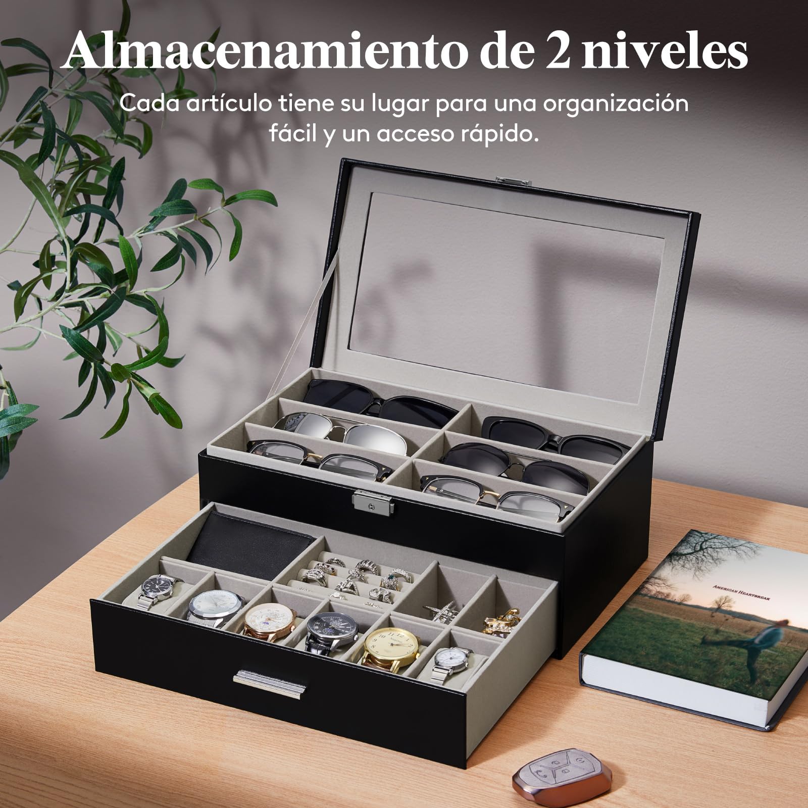 Lifewit Organizador Gafas de Sol, Expositor Gafas, Caja Relojes con Tapa de Cristal, Joyero Hombres para Llaves, Tarjeteros, Anillos, Broches, Regalos Hombre y Mujer, 35 x 21cm, Negro