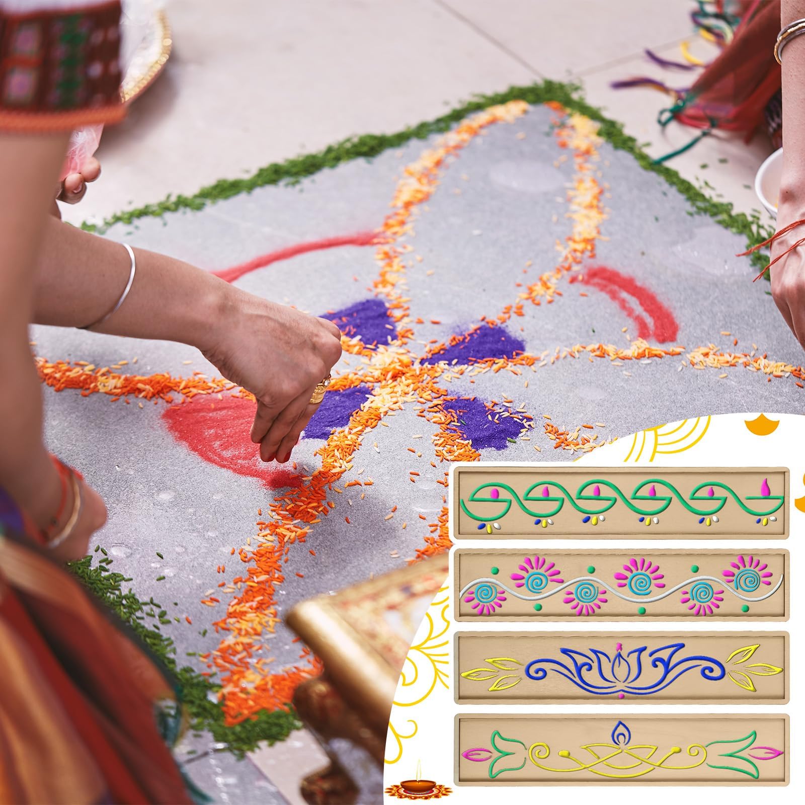 Stencil Rangoli in Legno Set 4 Pezzi Modelli Decorativi Mandala Fiori Riutilizzabili per Pittura Decorazione Pavimento