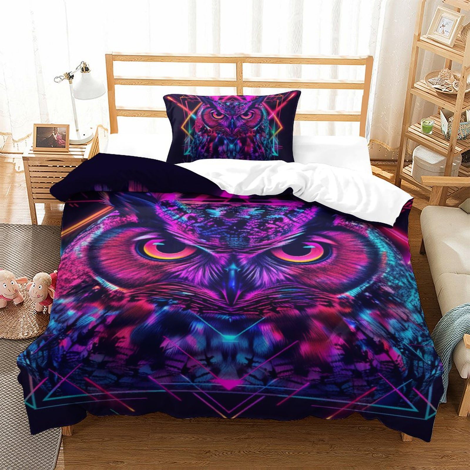 Housse de couette respirante avec fermeture éclair et motif chouette 3D pour lit simple