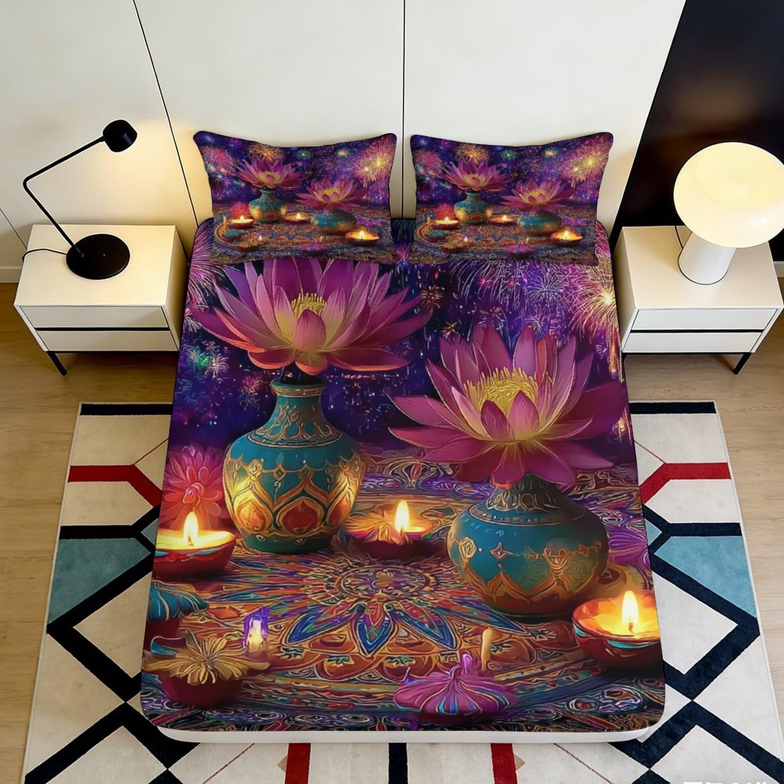 3D Printed Lotus Mandala Fitted Sheet Microfiber Vibrant Purple Floral Candle Bed Cover Bedroom Guest Room Mattress Protection Decor 200x200x25cm