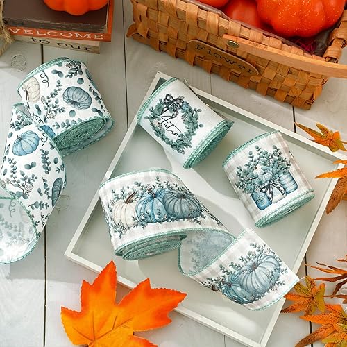 Miniatura 5 de AnyDesign Cinta de otoño con borde con alambre, 24 yardas, hojas de eucalipto de calabaza azul, cinta de tela para manualidades, cinta decorativa