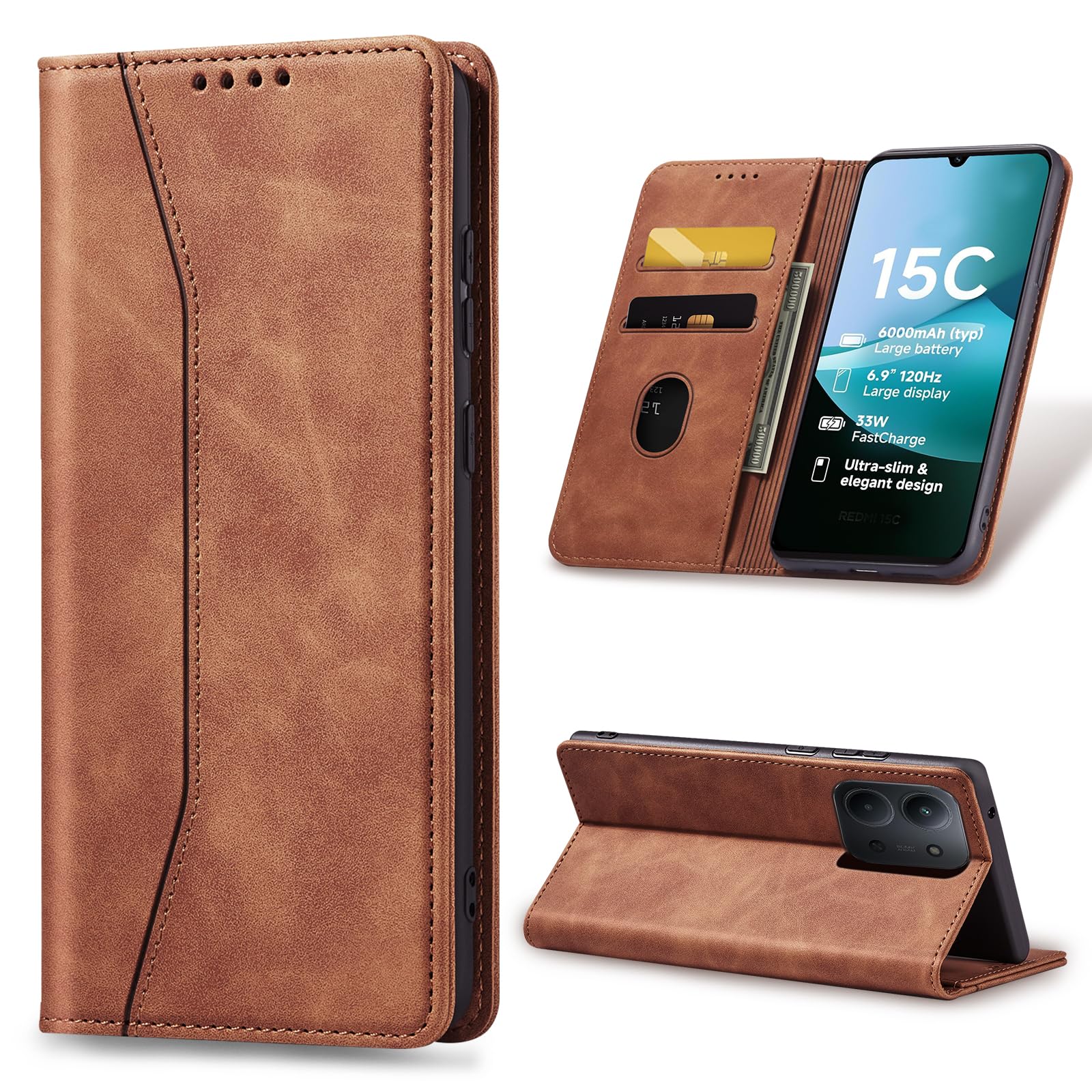 PONRFEKT Custodia Portafoglio Per Xiaomi Redmi 15C 171.5 – Pelle PU, Porta Carte, Chiusura Magnetica E Stand (arancio, Motivo Farfalla)