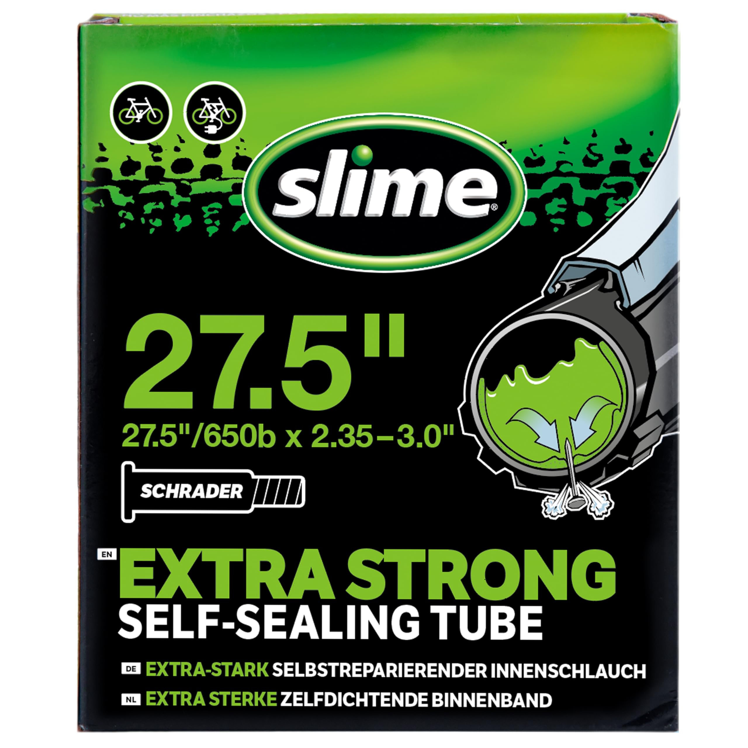 Slime 30098 Bike Inner Tube with Slime Puncture Sealant, Self Sealing, Prevent and Repair, Schrader Valve, 27.5" x 2.35-3.0"