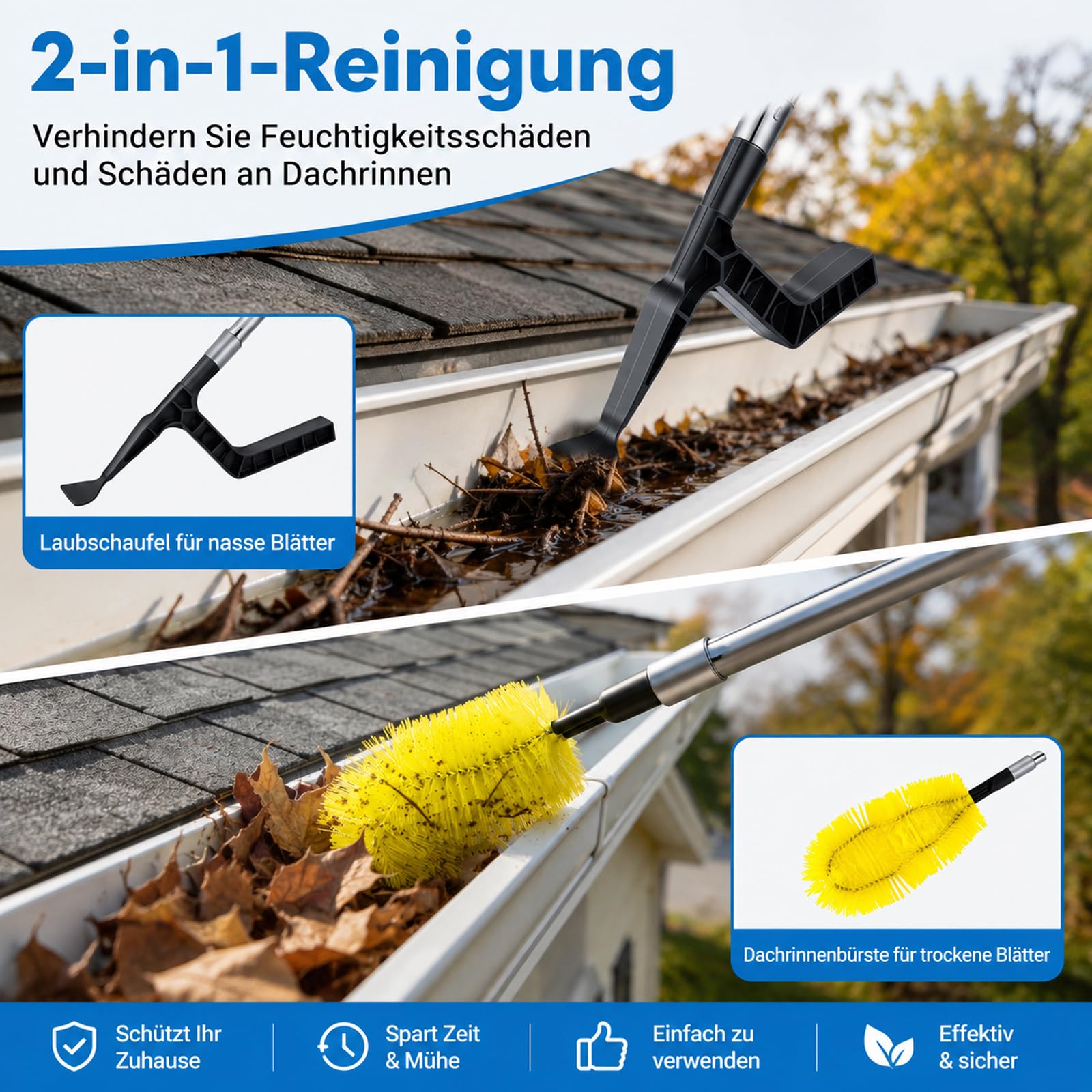 4M Dachrinnenreiniger - Teleskop Dachrinnenreiniger | Con cabezal giratorio de 180° y cepillo intercambiable, limpiador de canalones para limpiar canalones, jardines