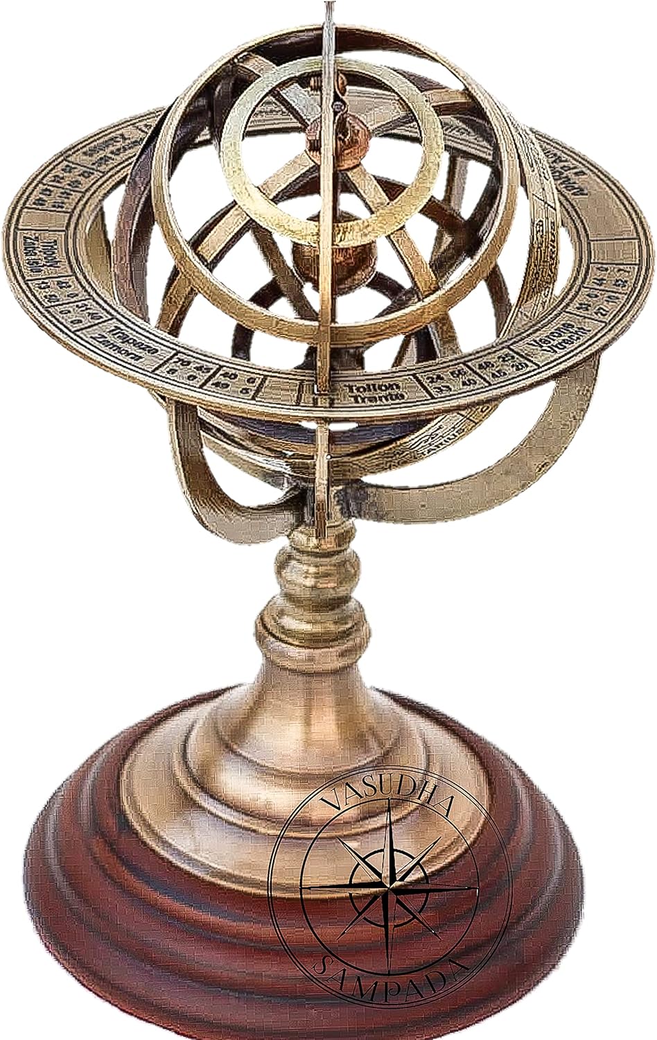Vintage 9-Inch Brass Armillary Sphere Globe by Vasudha Sampada Handicrafts | Nautical Maritime Decor, Antique Brass Globe for Office, Study & Home Tabletop – Perfect Gift for Collectors (USA Edition)