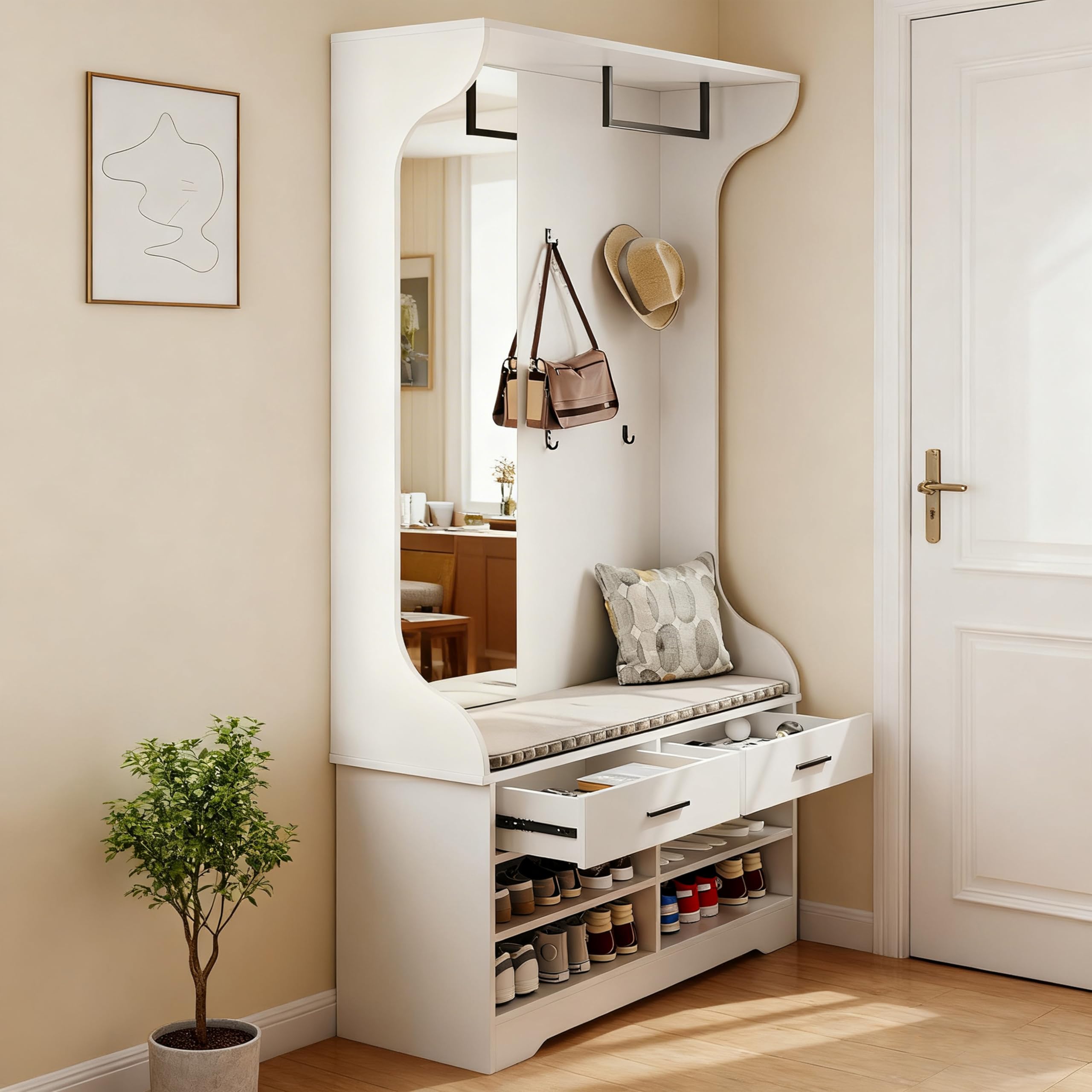 Ensemble de meubles de couloir avec armoire à chaussures, 104 x 35 x 180 cm, ensemble de meubles de couloir avec banc à chaussures, crochets, miroir et tringle à vêtements pour entrée