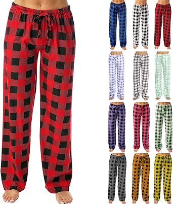 Women Buffalo Plaid Pajamas Pants Drawstring Pj Pants with Pockets Stretch Wide Leg Lounge Pant Comfy Sleep Pants