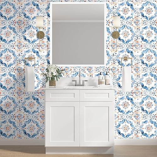Miniatura 3 de HAOKHOME Papel tapiz geométrico para despegar y pegar, diseño de damasco floral azulblancorojo, papel de pared extraíble, decoración moderna del