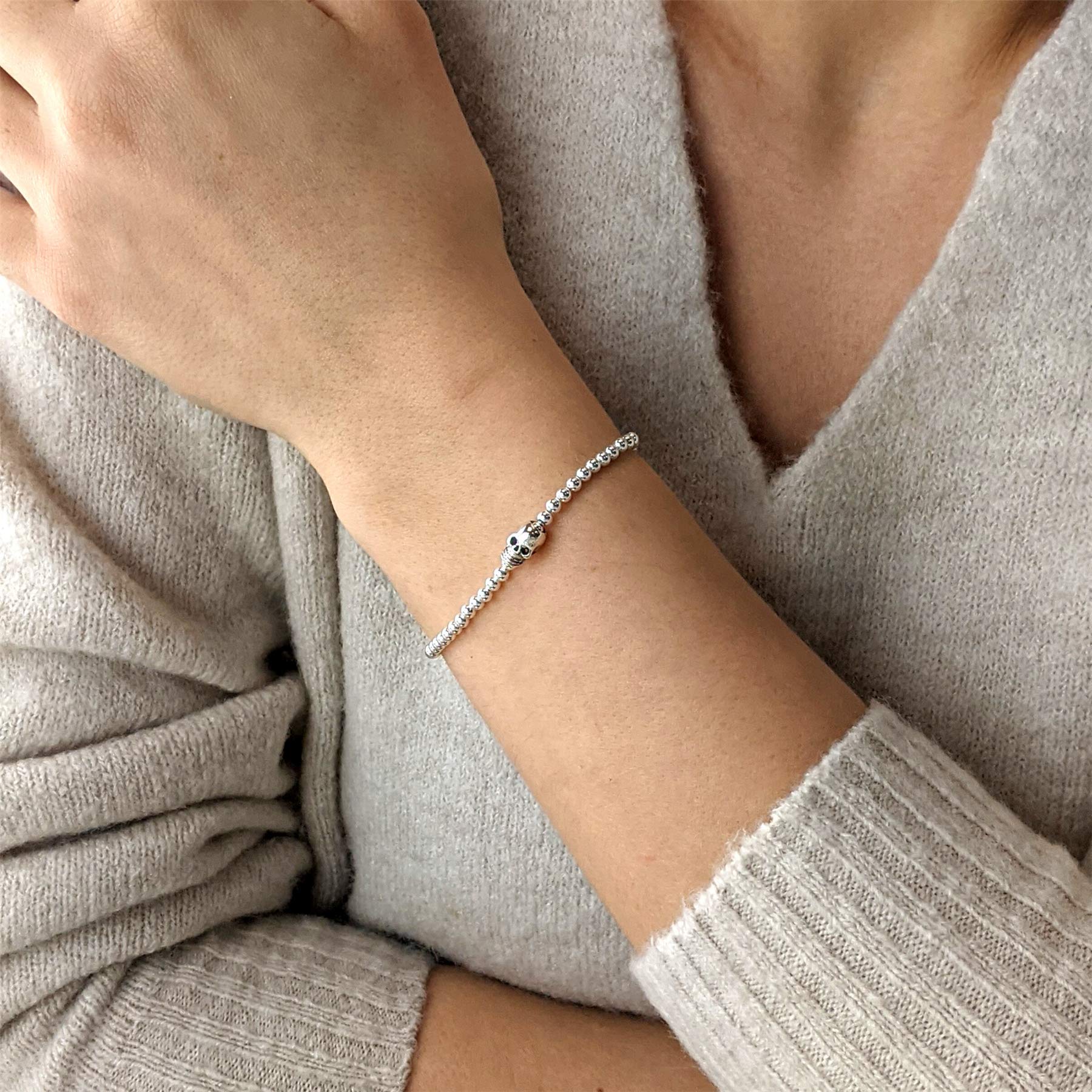 Silverly Bracciale in Argento Sterling 925 con Teschio per Donne e Adolescenti | Gioielli Emo Gotici di Halloween per le Donne | Braccialetto con Perline e Ciondolo a Forma di Palla Punk Stacker