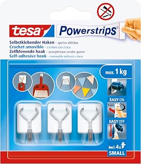 tesa Powerstrips Self-Adhesive Hook Small - Wall Hooks with Removable Wire Hook - Reusable for Bathroom or Kitchen - Drill-Free Mounting - White - 3 x Hooks, 4 x Powerstrips
