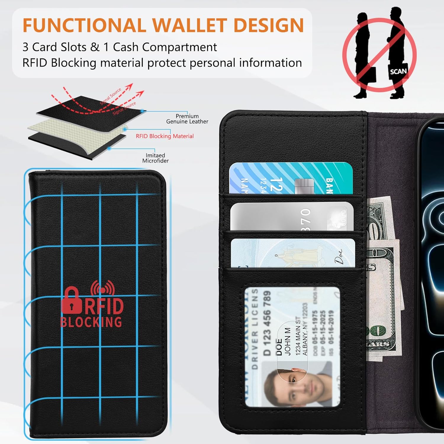 Wallet Case for iPhone 17 Pro Max 6.9", Genuine Leather Flip Folio Case Compatible with Magsafe, RFID Blocking Magnetic Card Holder Kickstand Cover Men Women for iPhone 17 Pro Max, Black