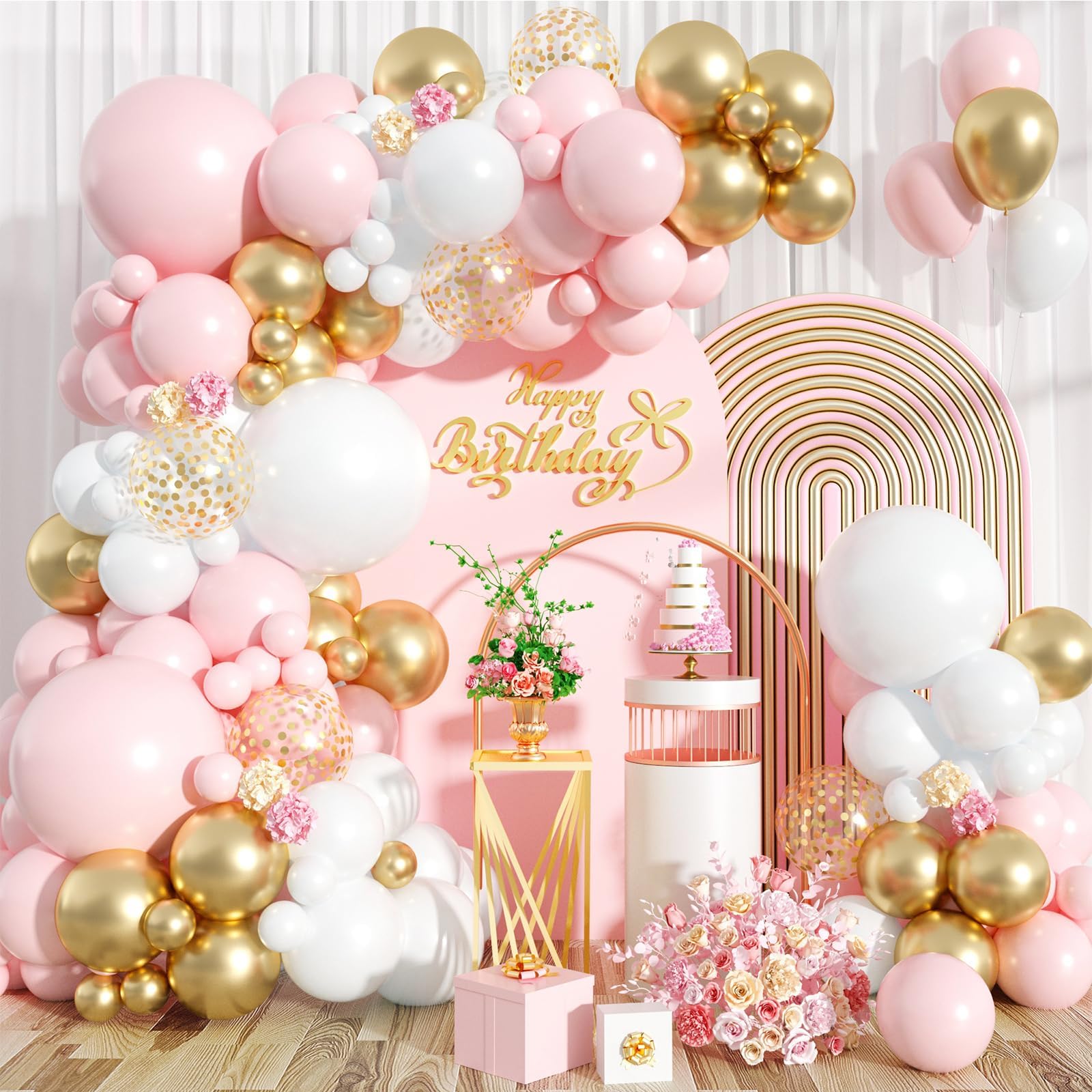 Pink and White Balloon Arch Kit, 121PCS Pink and Gold Balloon Garland Pastal Pink White Gold Confetti Balloons for Girls Birthday Baby Shower Wedding Bridal Shower Party Decorations