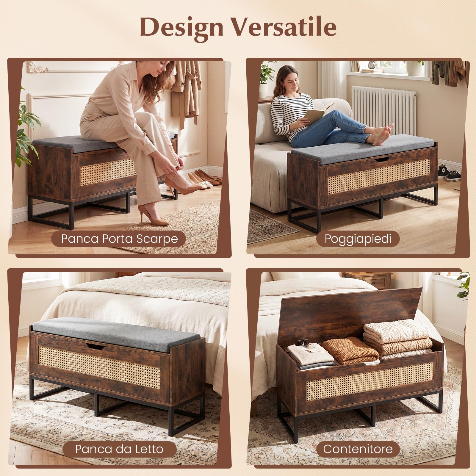 COSTWAY 71L Panca Scarpe con Seduta Imbottita, Cassa Portaoggetti in Rattan con Coperchio Ribaltabile, Panchina da Ingresso con Spazio Nascosto, 100x35x44 cm (Marrone)