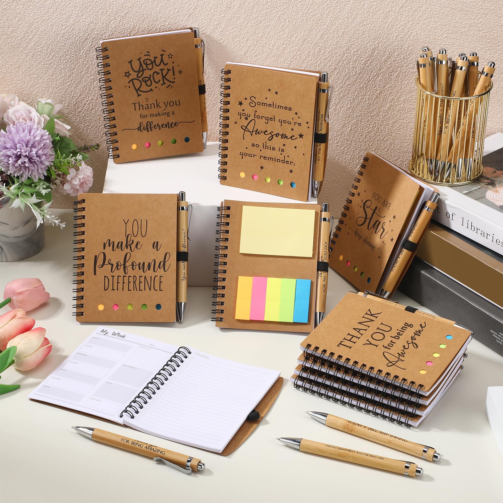 Tellingyou Set di 20 quaderni a spirale ispiratori per lauree, dipendenti apprezzamento per dipendenti, agenda settimanale con note adesive, penna motivazionale in bambù per studenti, insegnanti,