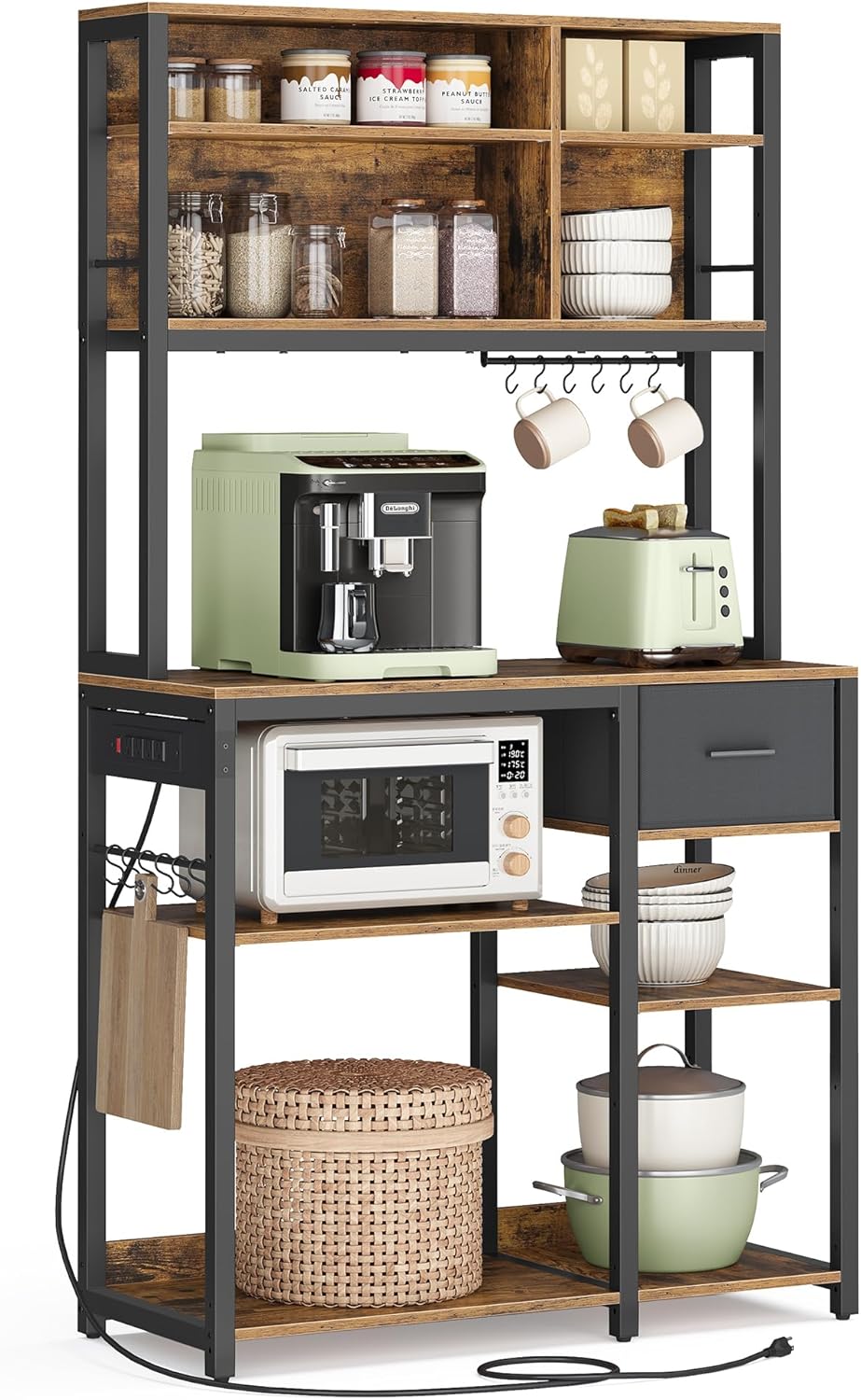 VASAGLE Bakers Rack with Charging Station, Coffee Bar, 15.7 x 31.5 x 71 Inches, Kitchen Microwave Stand, Adjustable Storage Shelves, Fabric Drawer, 12 Hooks, Golden Oak and Cloud White UKKS015Y03