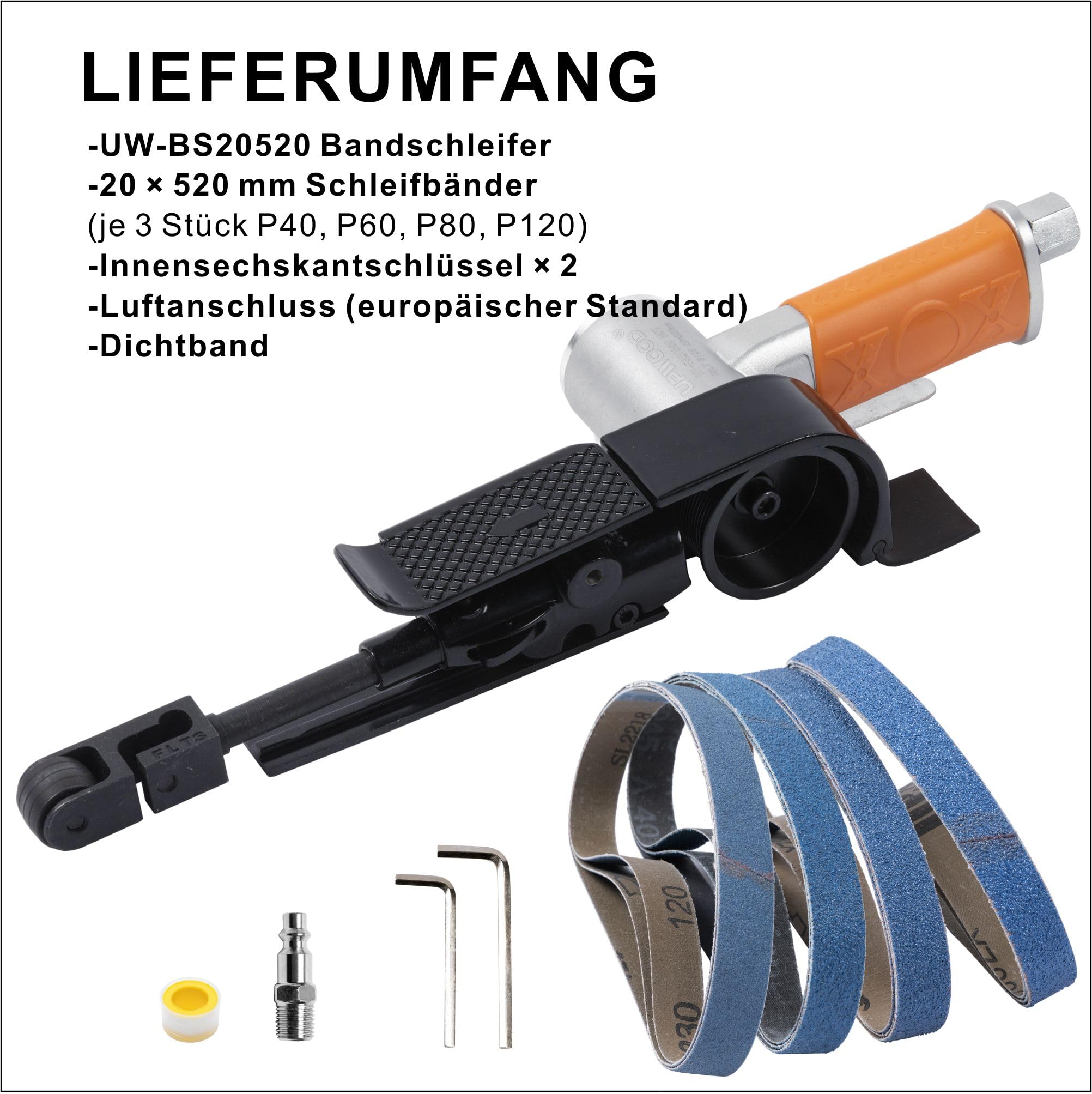 Luftbandschleifer, 20 x 520 mm, Riemengröße, pneumatisches Werkzeug mit 12 Riemen (#40, 60, 80 und #120), gut zum Entgraten, Schleifen und Finishing